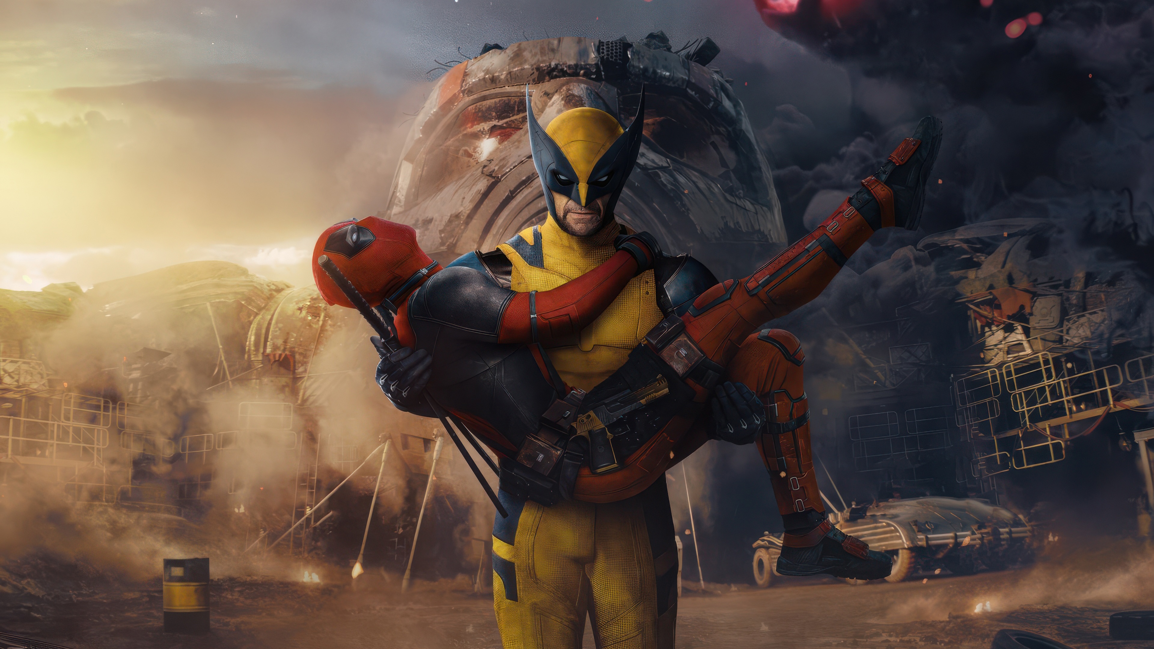 Wolverine carrying Deadpool in a destroyed landscape HD Wallpaper
