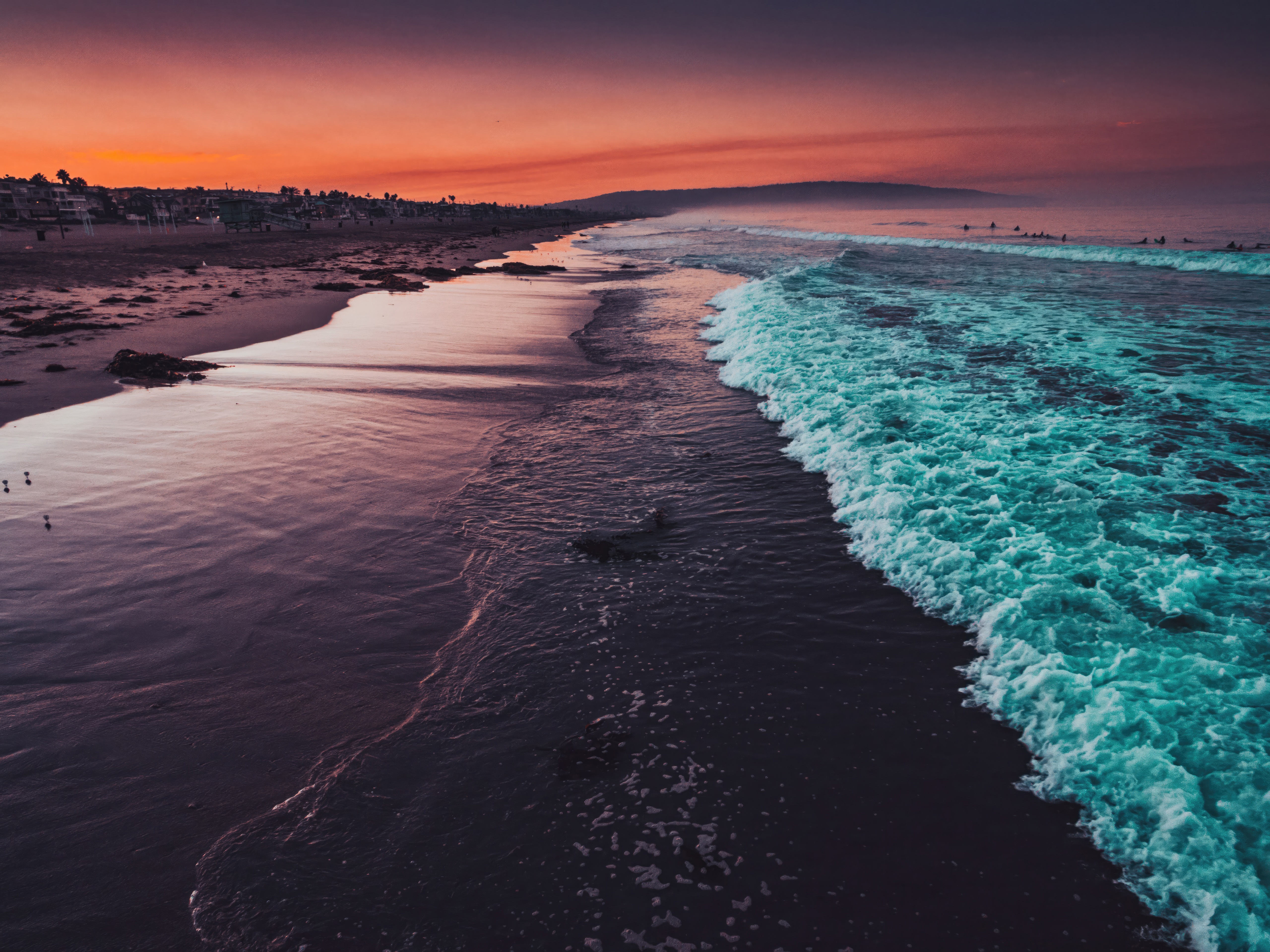 Beach waves at sunset HD Wallpaper