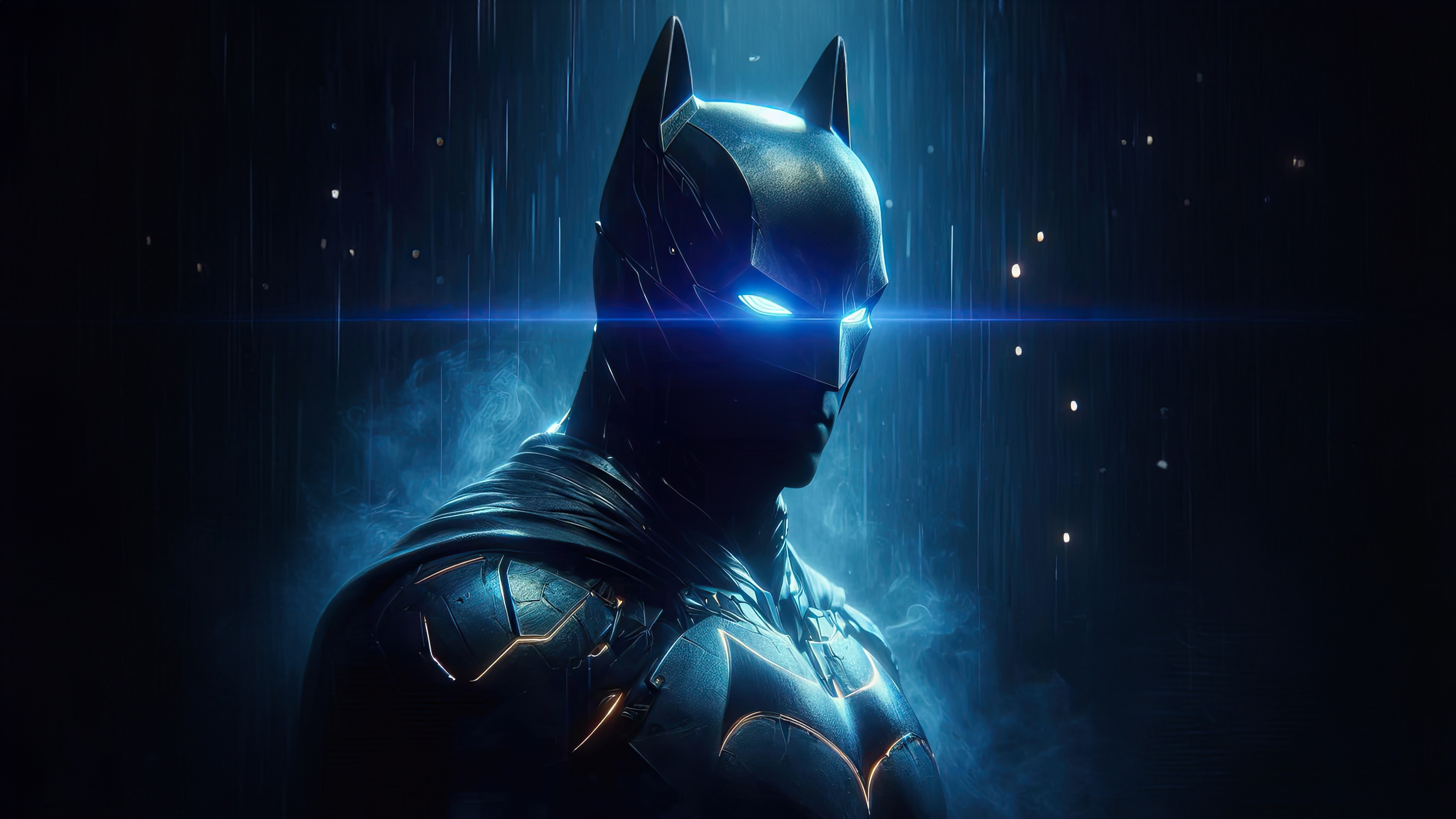 Batman with glowing blue eyes in the rain HD Wallpaper