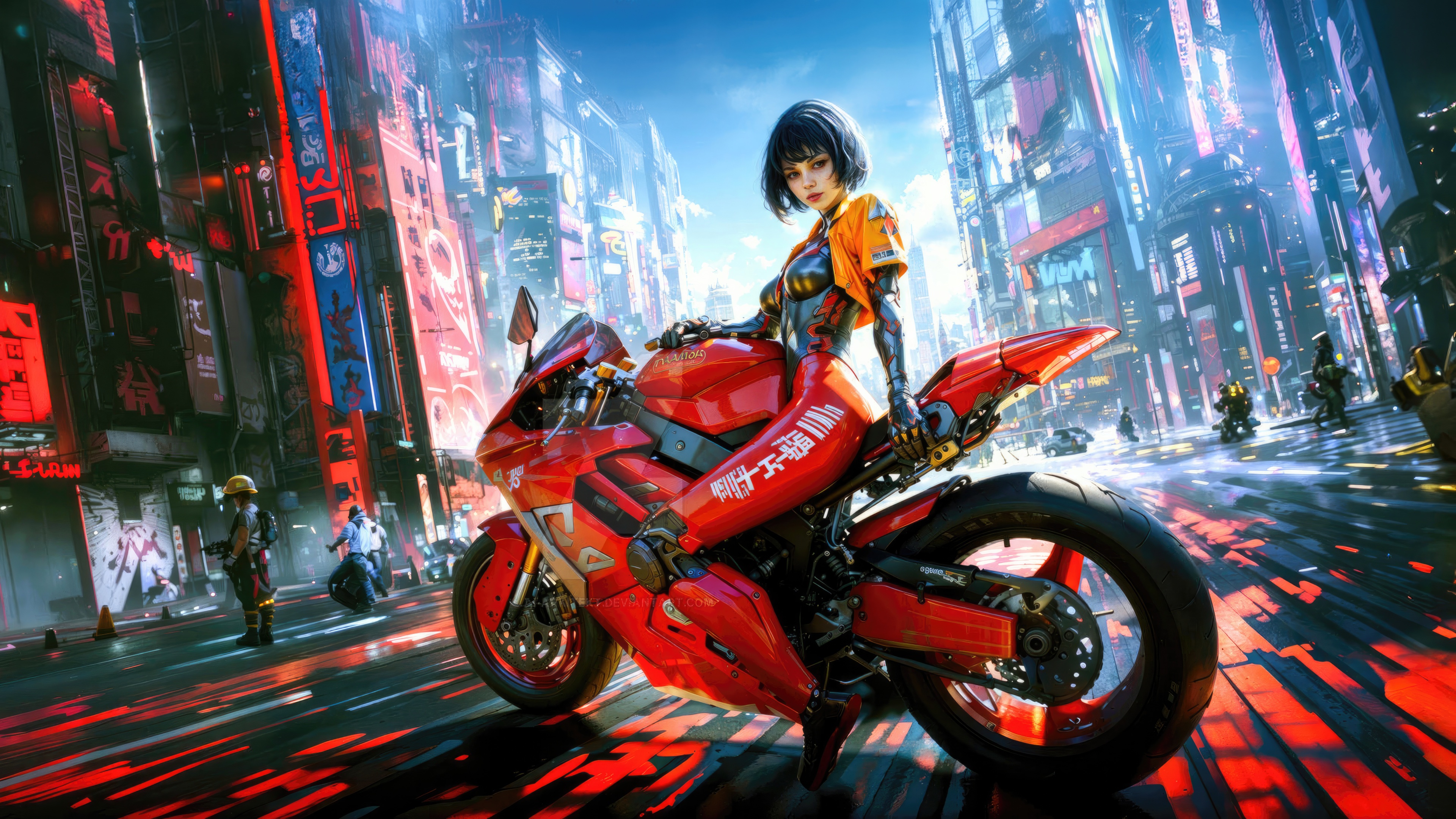 Cyberpunk Woman on a Red Motorcycle in a Neon City HD Wallpaper