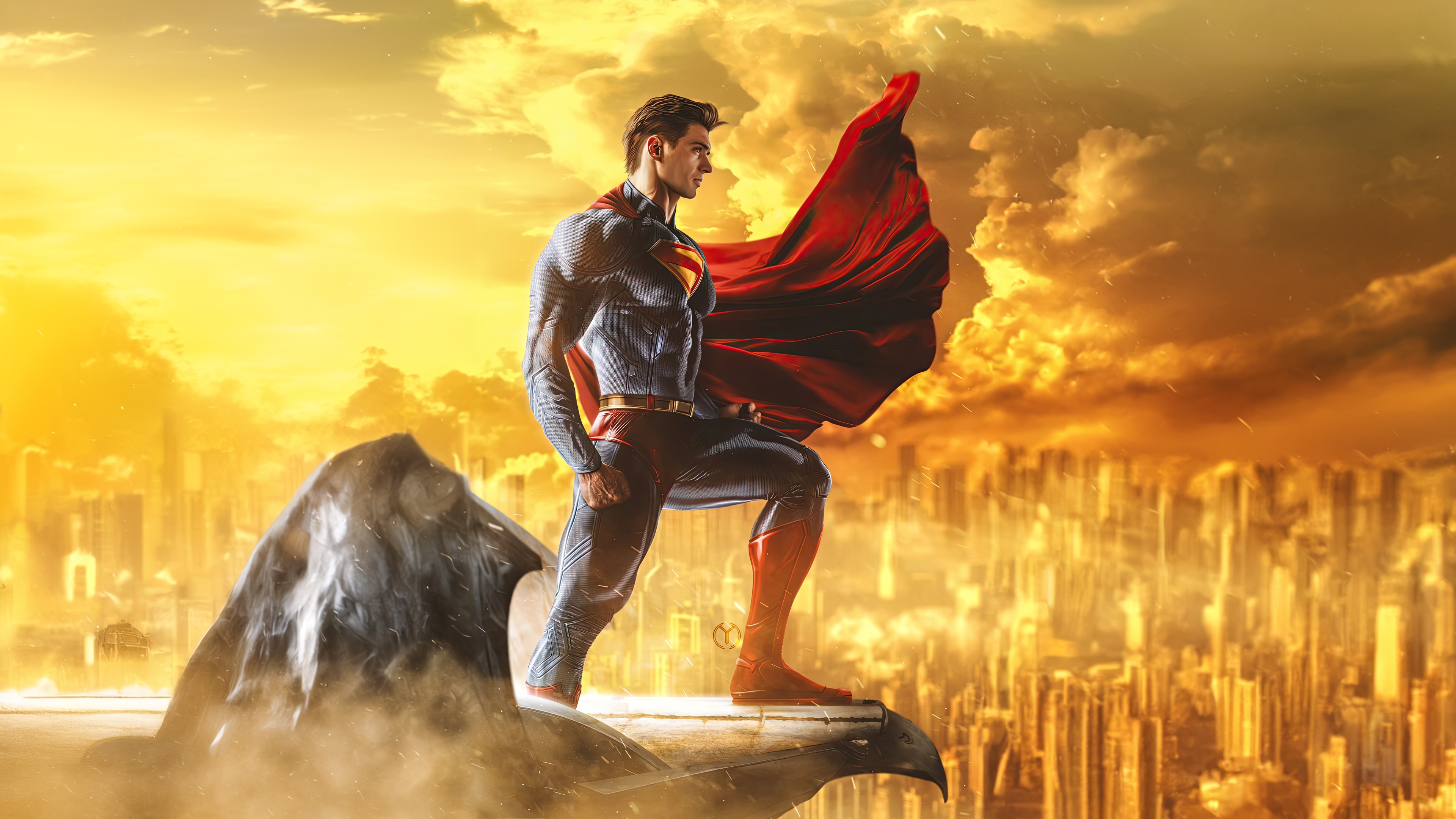 Superman standing on a gargoyle overlooking a city HD Wallpaper