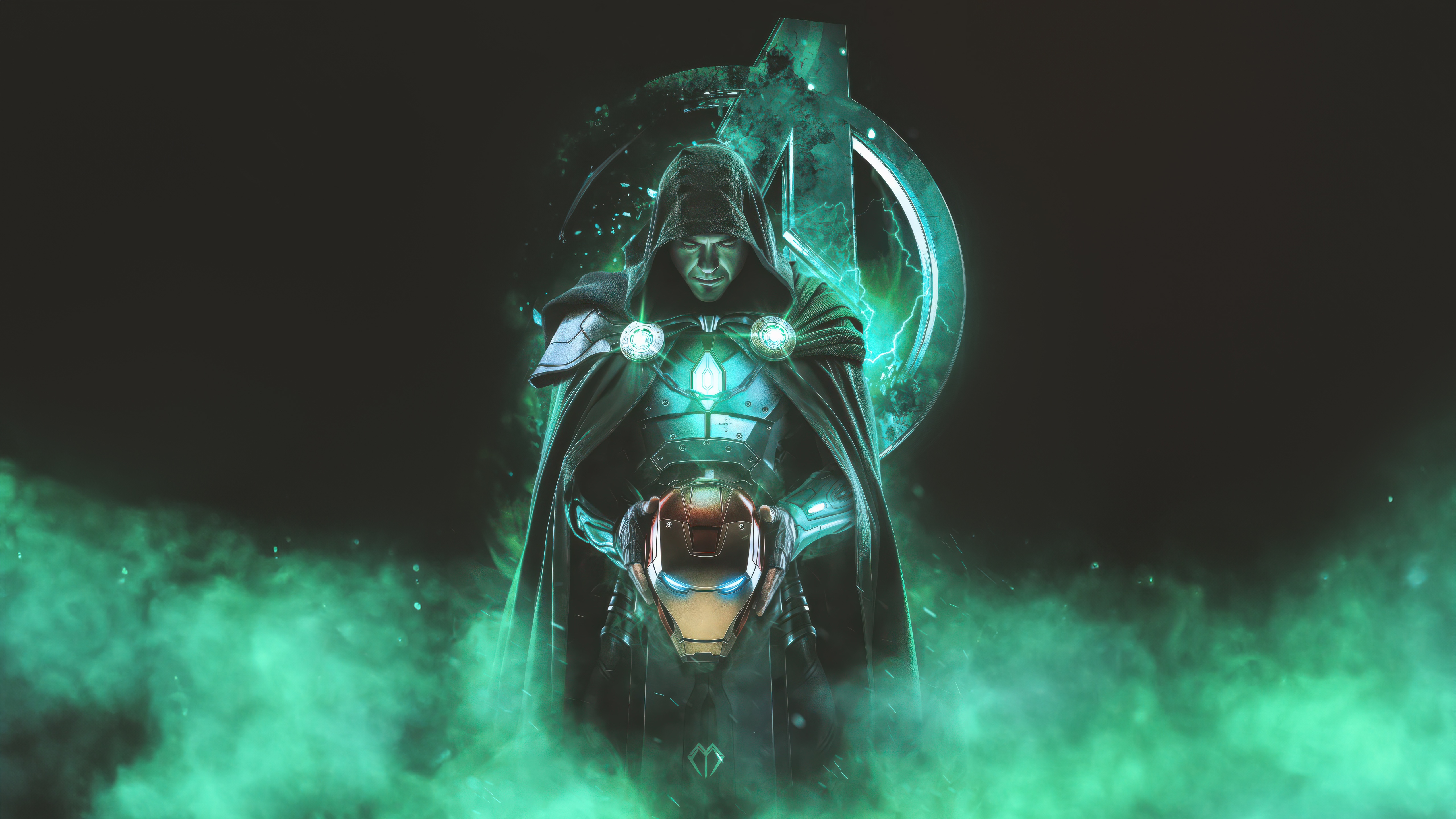 Doctor Doom holding Iron Man's helmet with Avengers logo HD Wallpaper