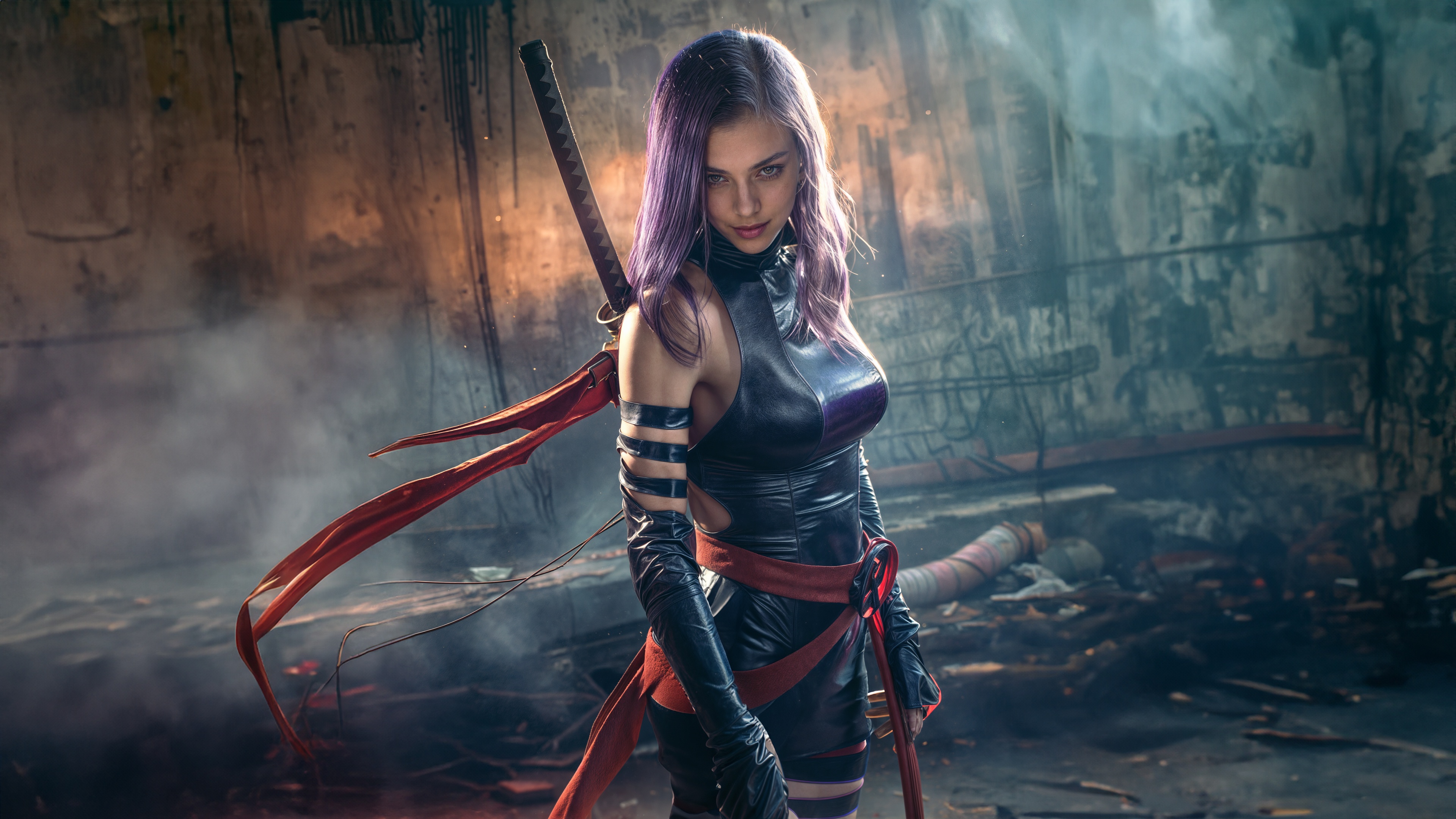 Psylocke Unleashed in a Ruined Environment HD Wallpaper