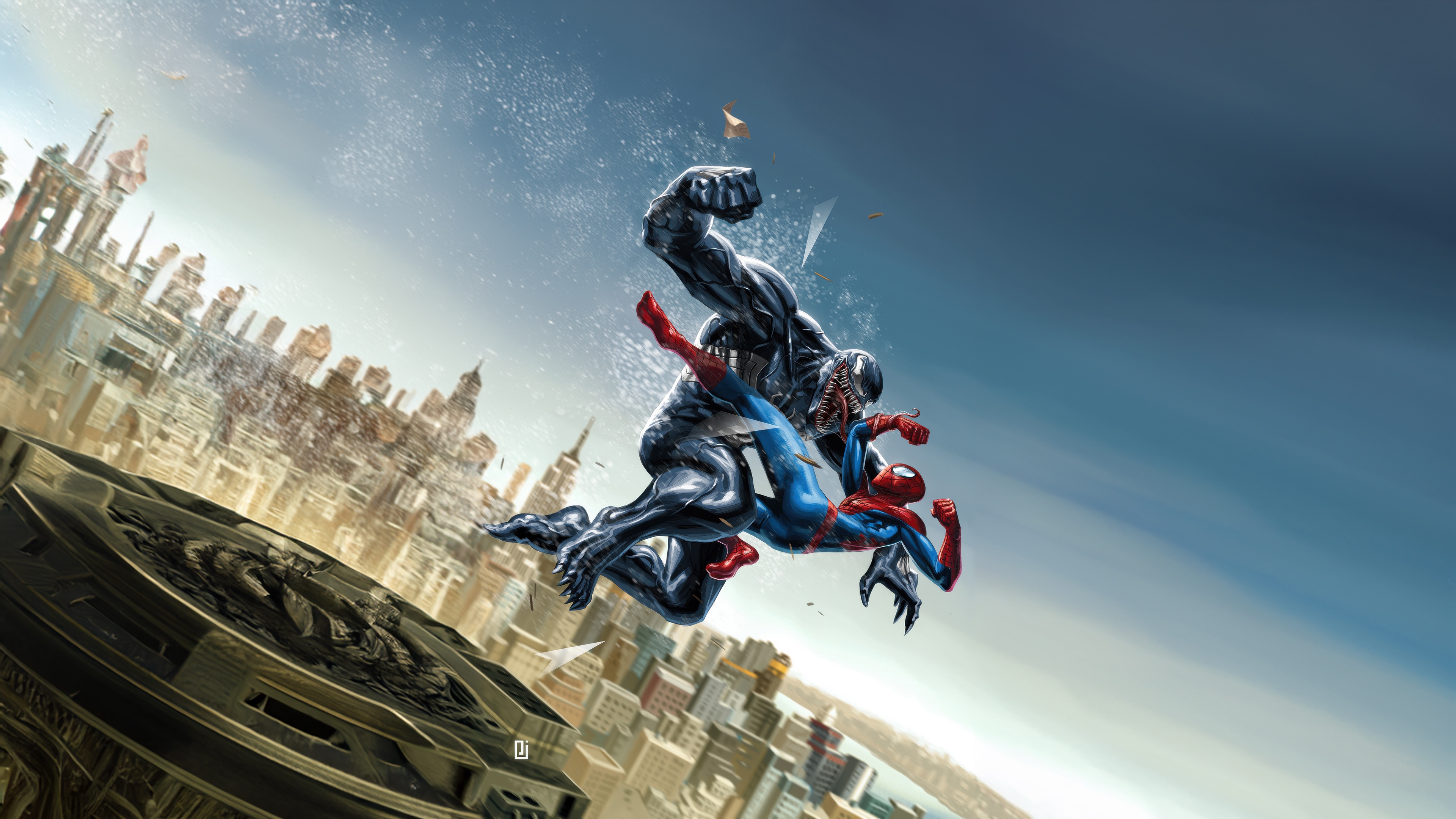 Spider-Man and Venom fight above a city HD Wallpaper