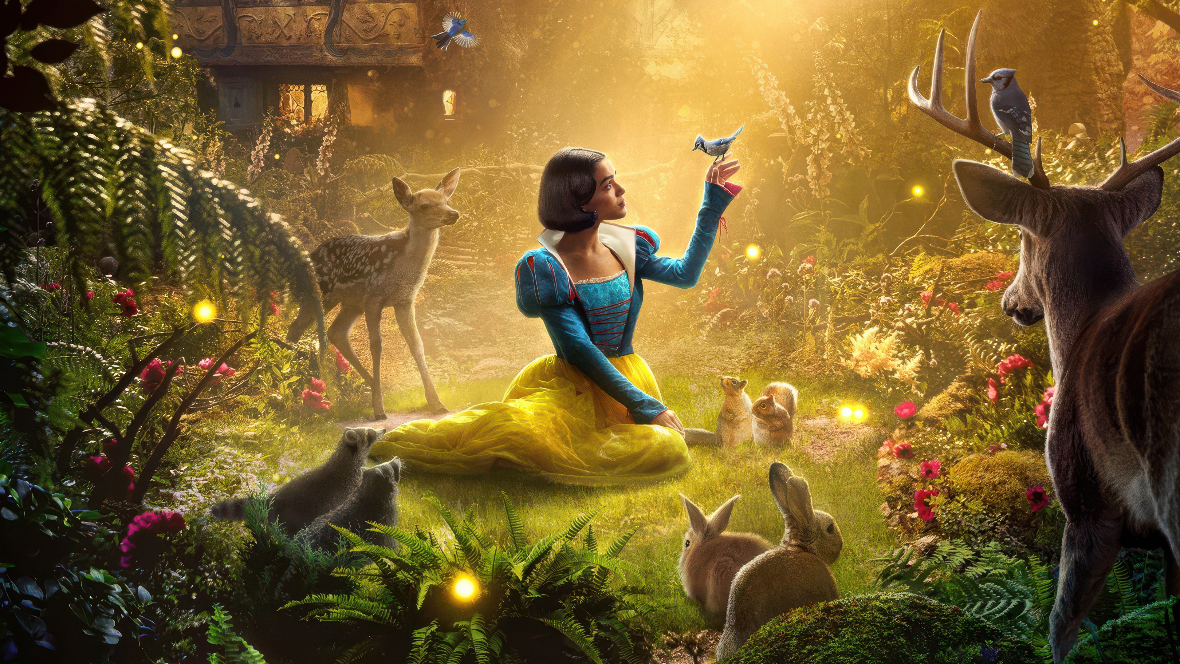 Snow White in a magical forest with animals HD Wallpaper