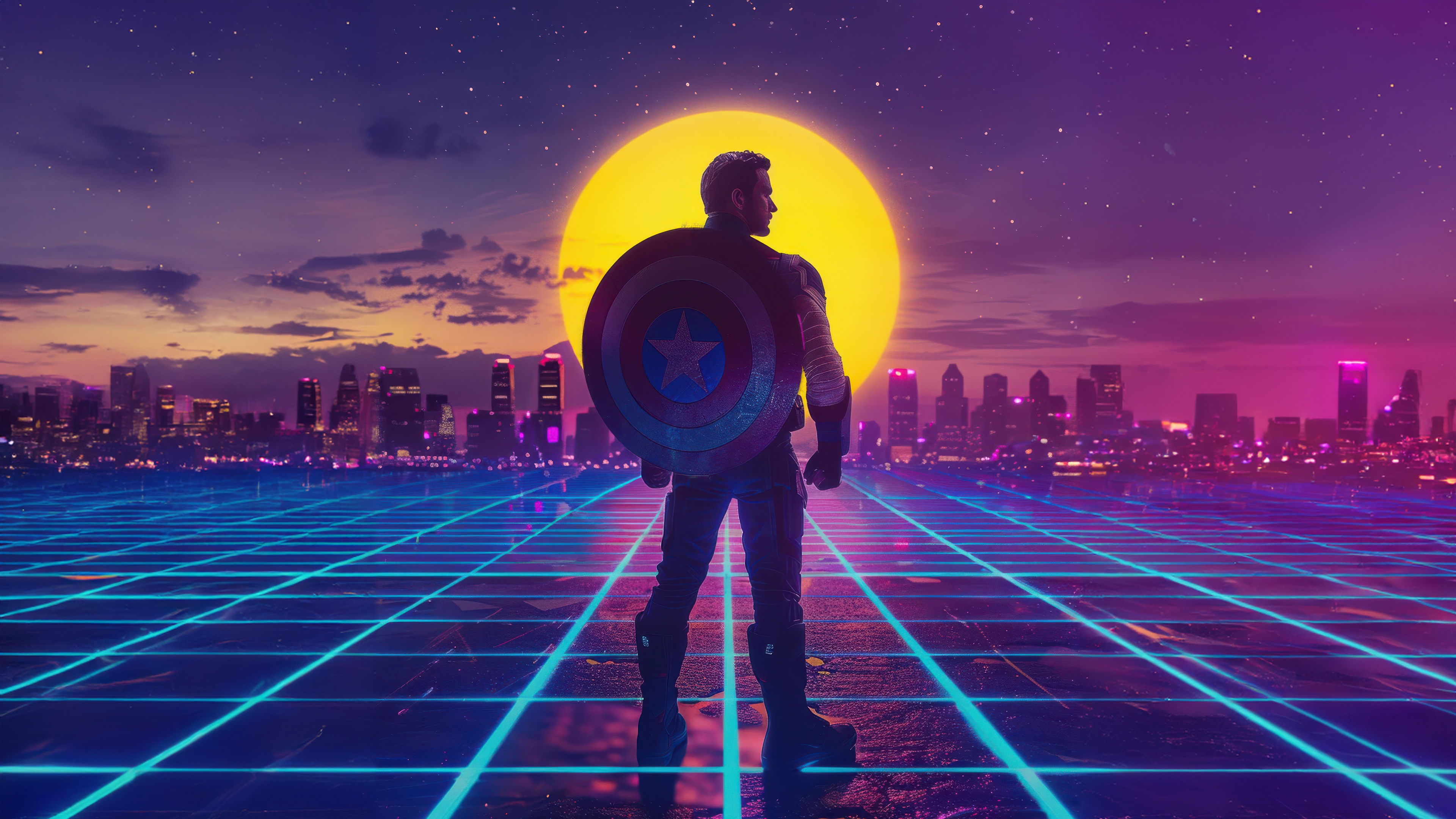 Captain America stands before a neon cityscape and sun HD Wallpaper
