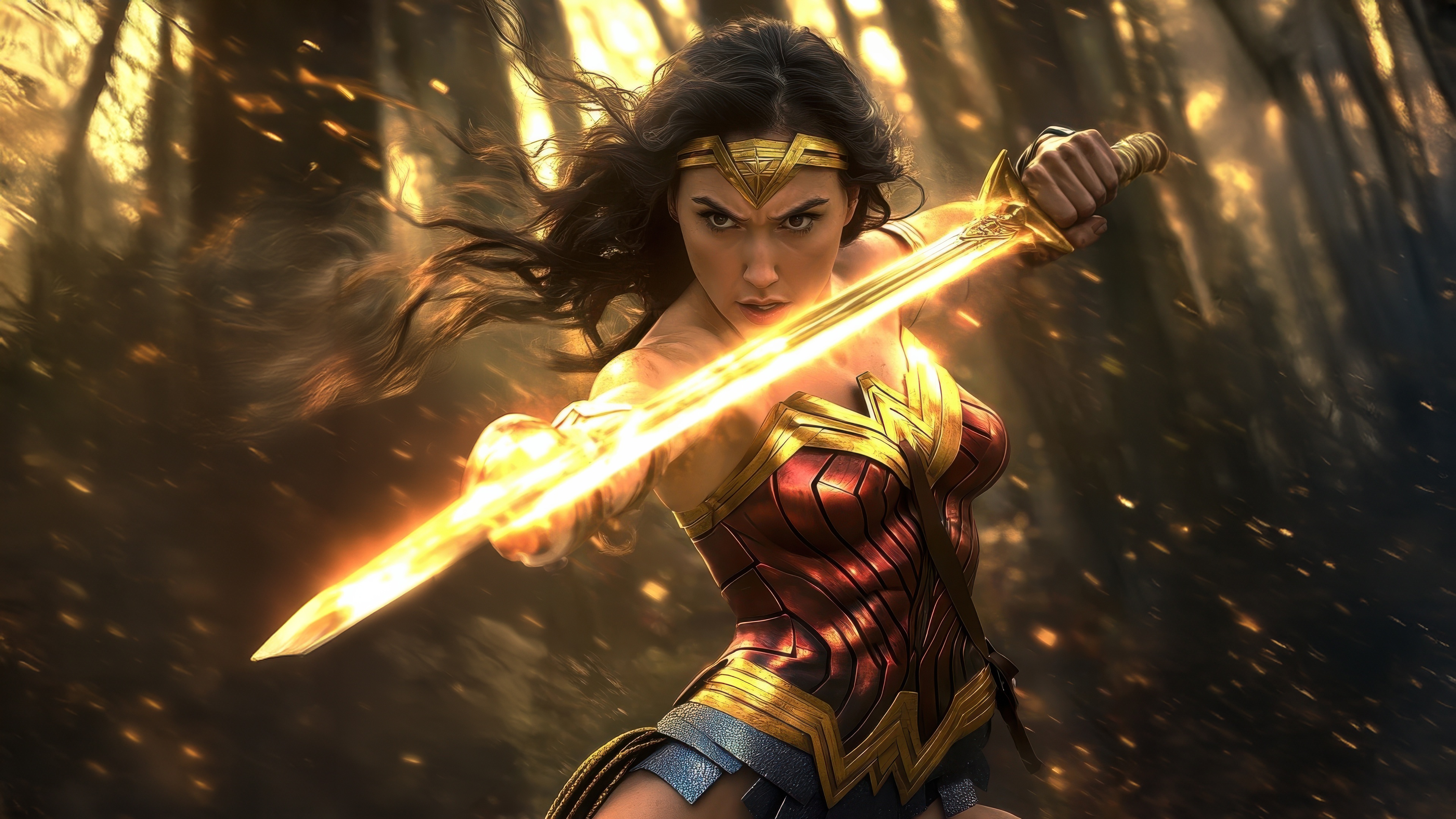 Wonder Woman with glowing sword in forest HD Wallpaper