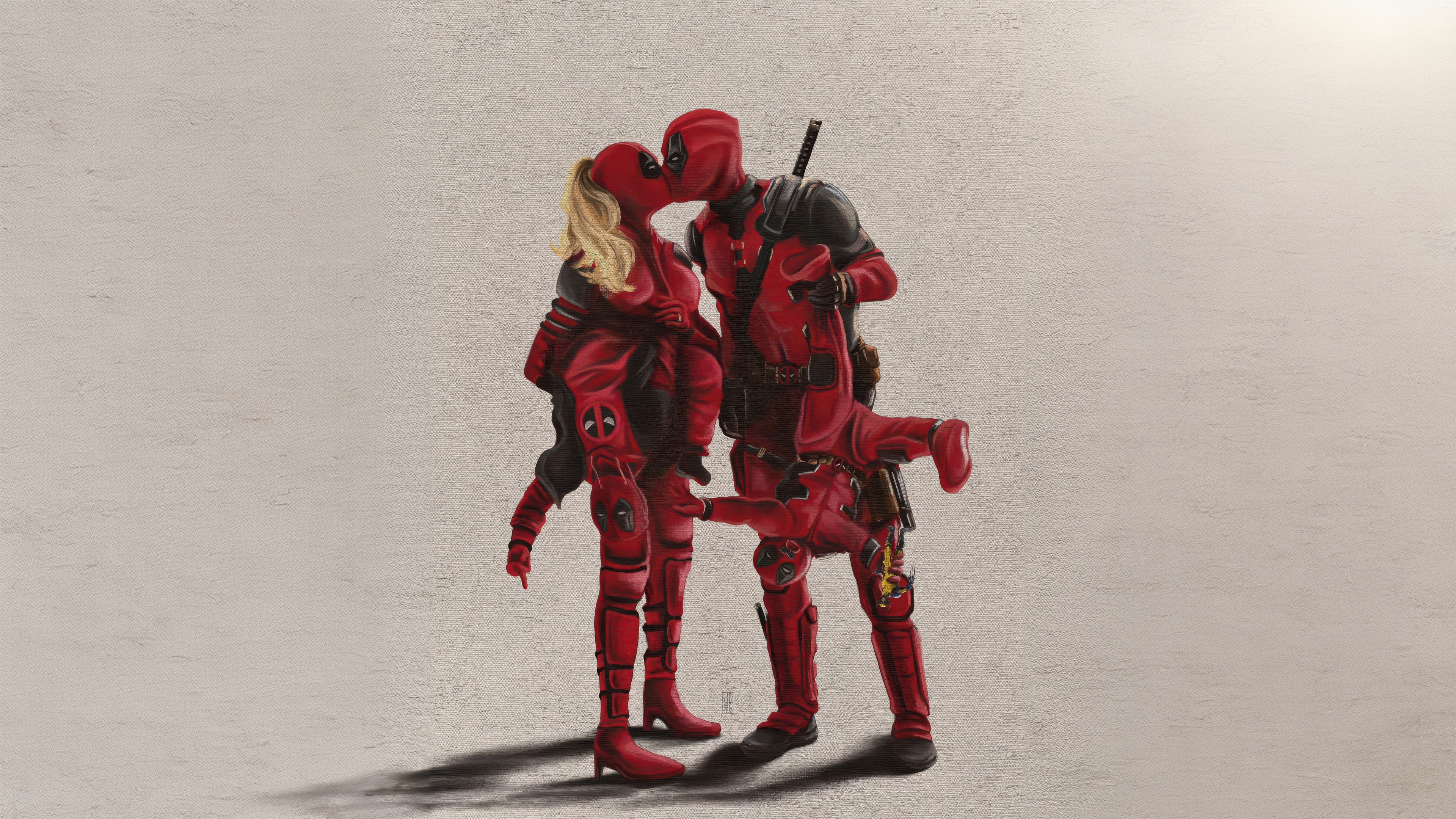 Deadpool and Lady Deadpool with children HD Wallpaper