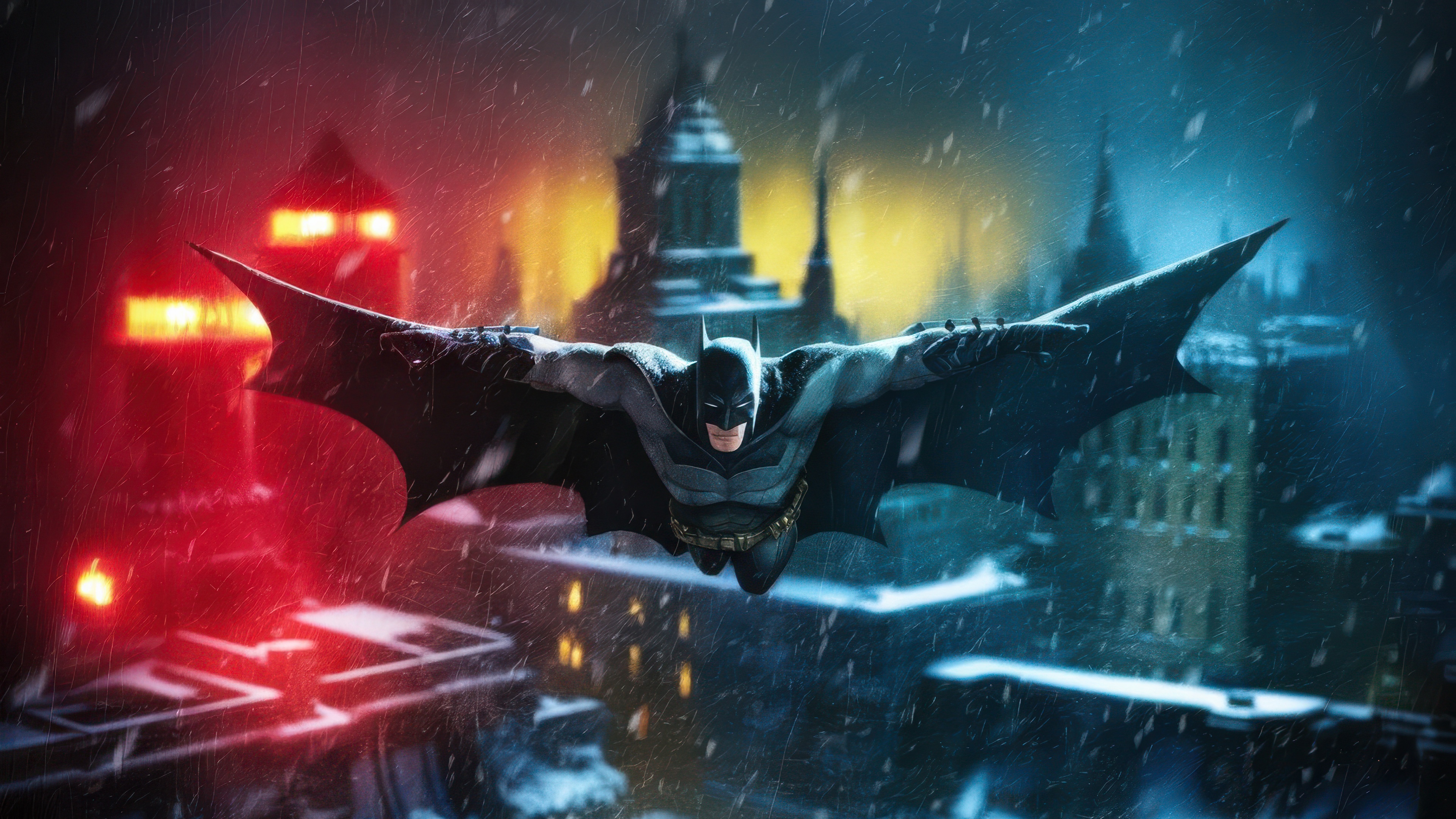 Batman flying over a snowy city at night HD Wallpaper