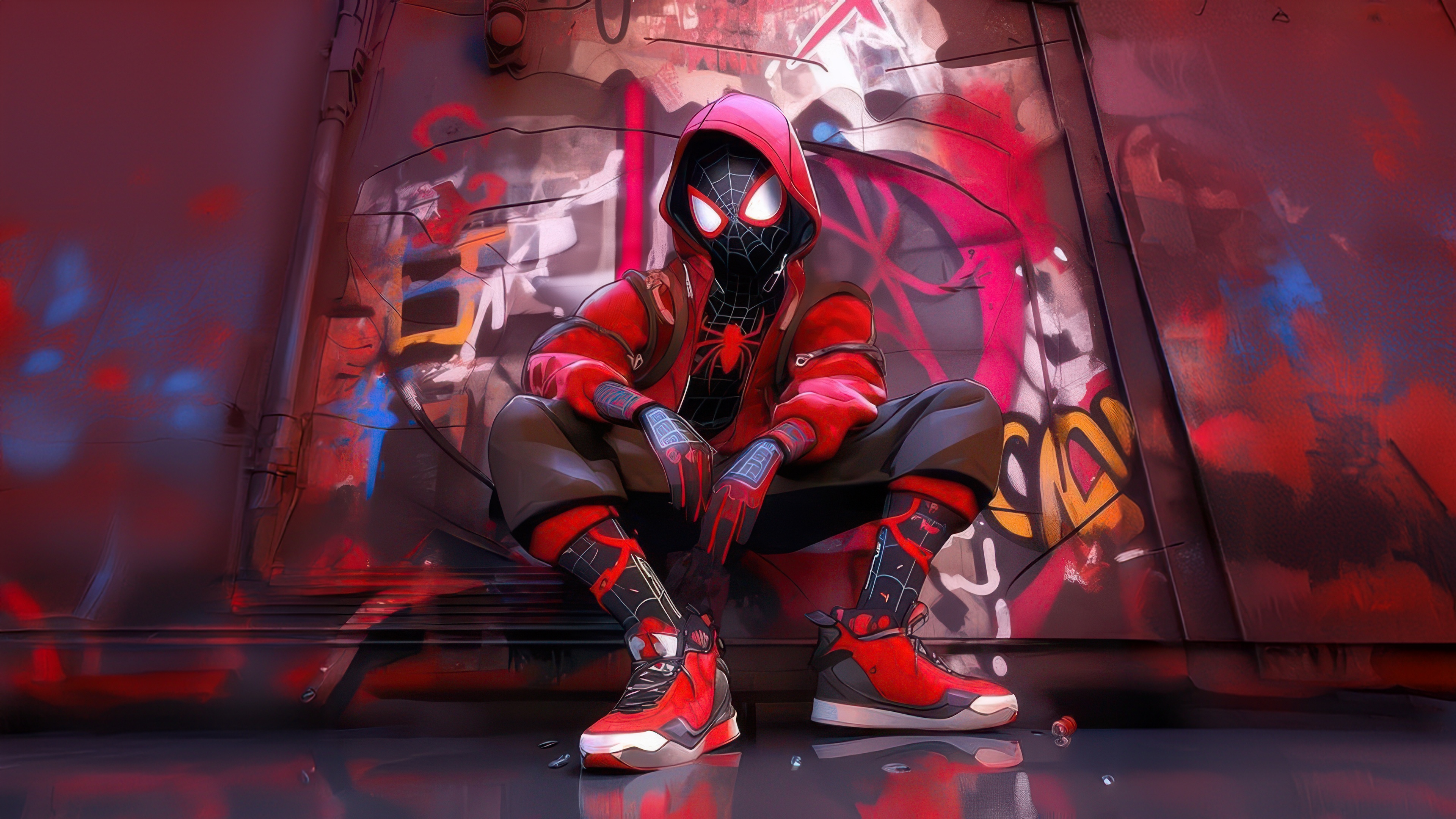 Miles Morales sitting in front of graffiti HD Wallpaper