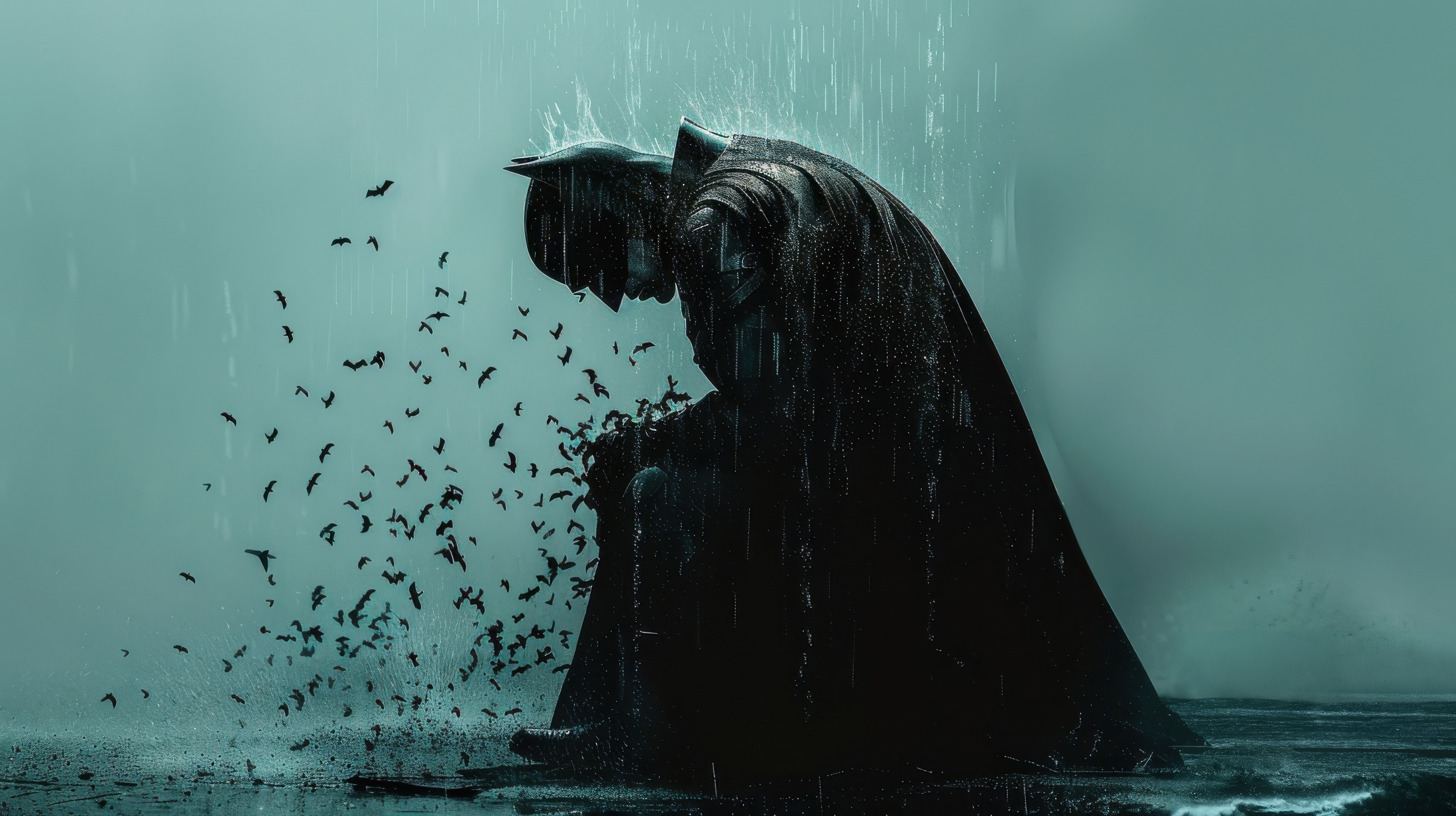 The Batman Sitting in the Rain with Bats HD Wallpaper