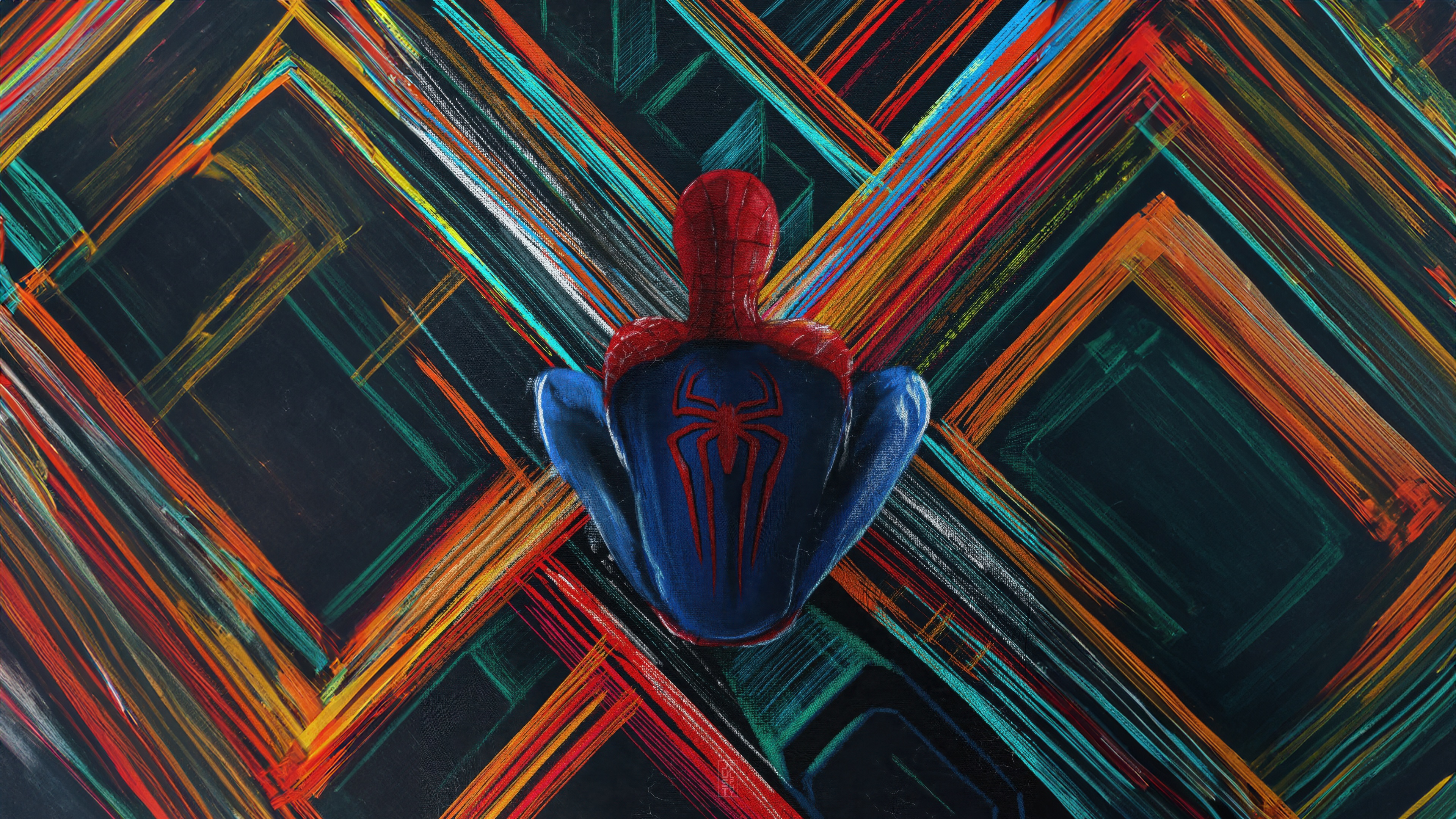 Spiderman Crouching Against Colorful Lines HD Wallpaper