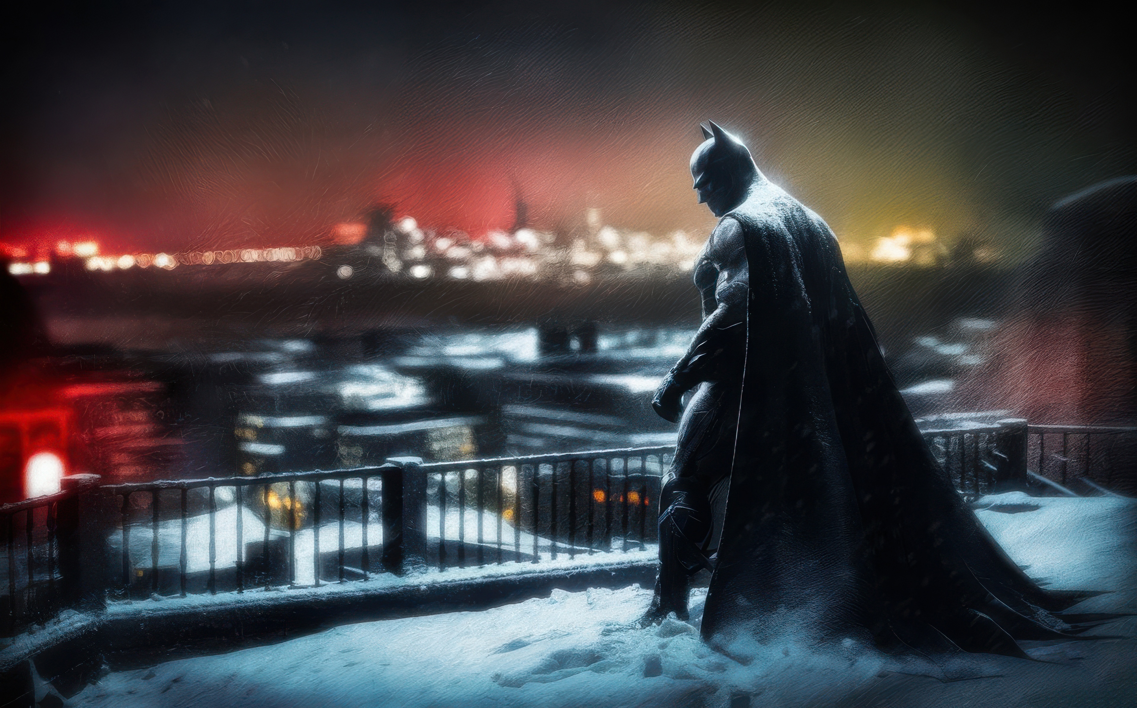 Batman standing on a snowy rooftop overlooking a city HD Wallpaper