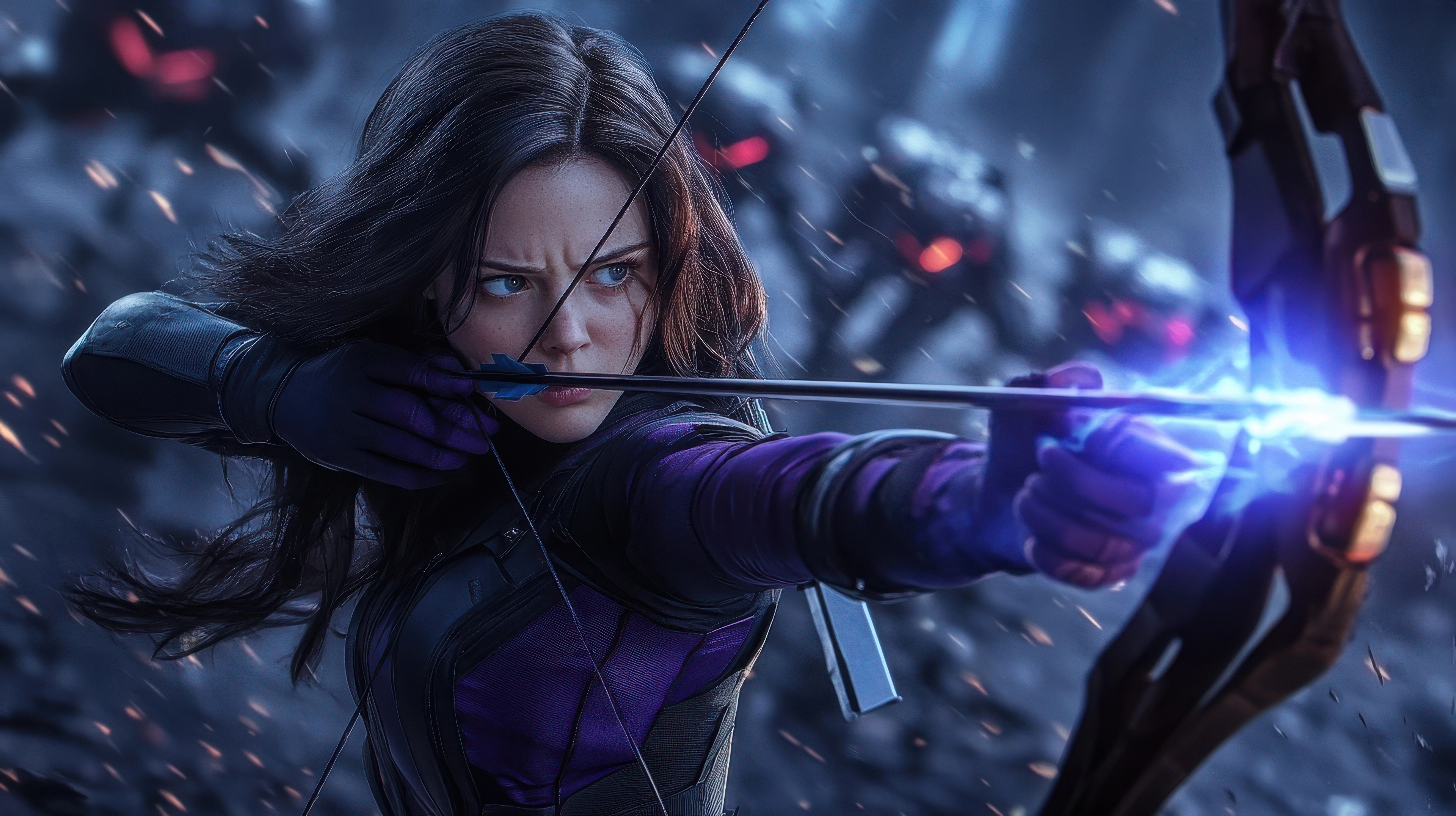 Kate Bishop aiming bow and arrow on battlefield HD Wallpaper