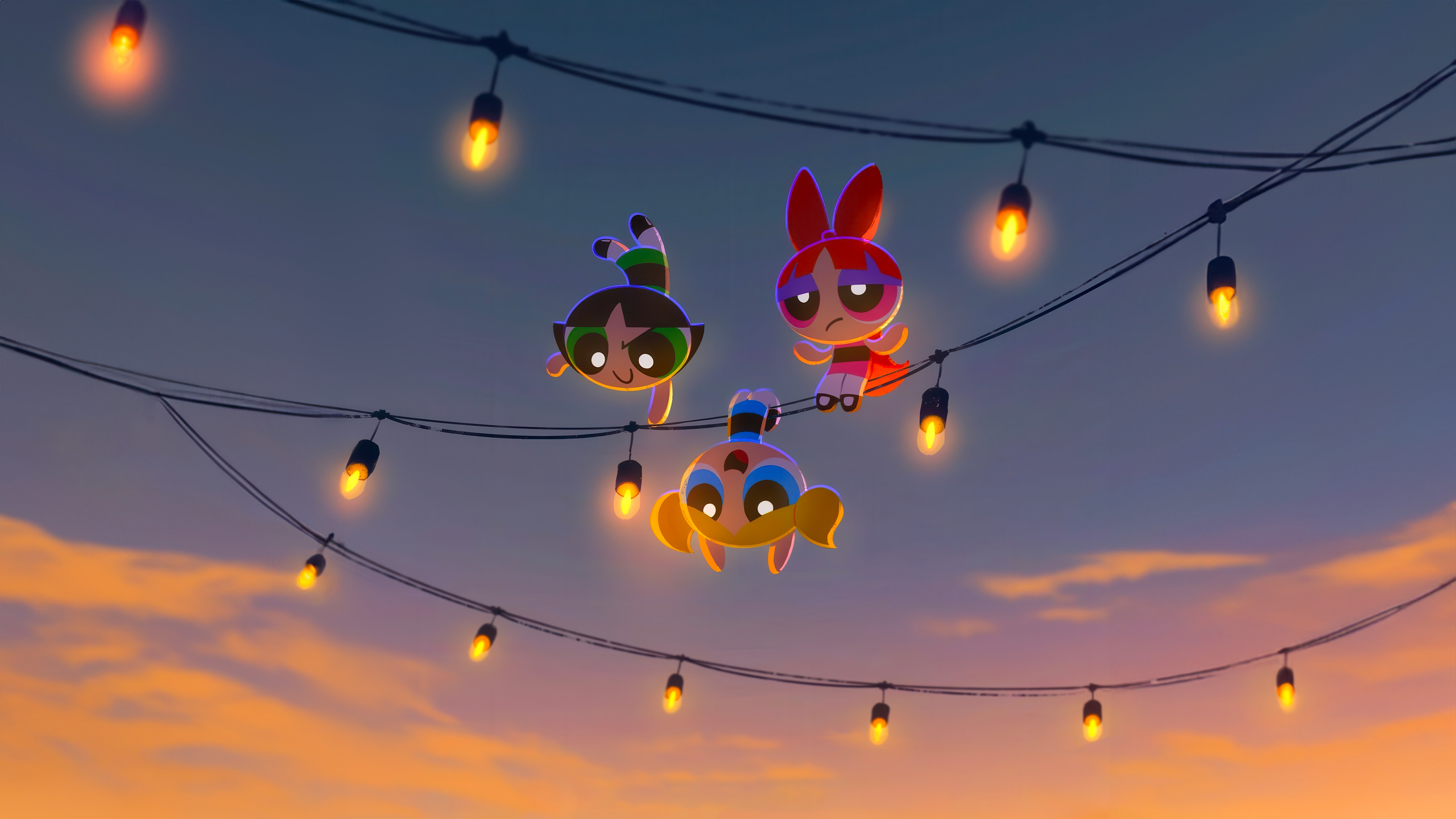 The Powerpuff Girls hanging on wires HD Wallpaper