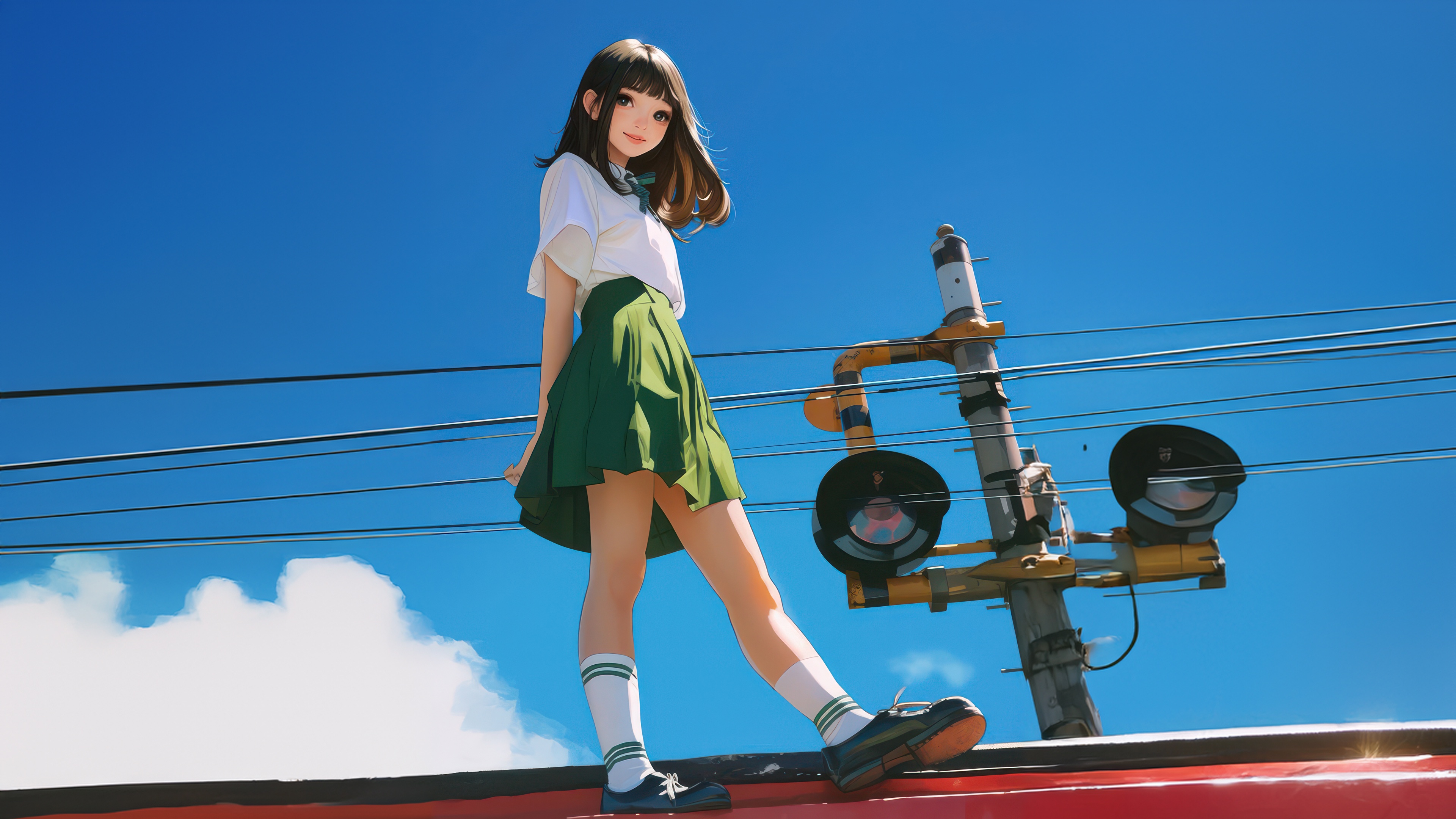 Girl on a train track with a railroad crossing signal HD Wallpaper
