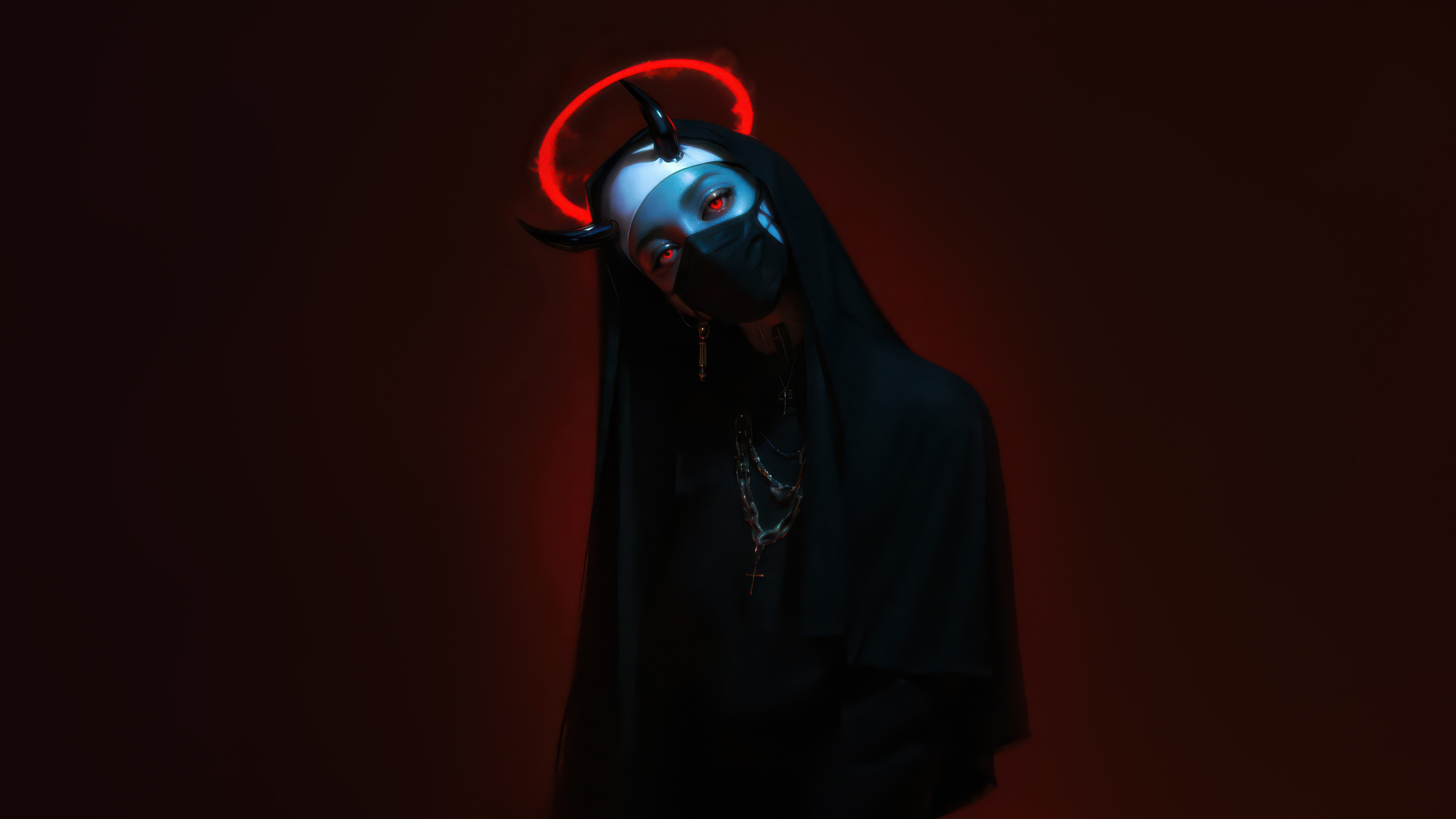 Nun with devil horns and red halo HD Wallpaper