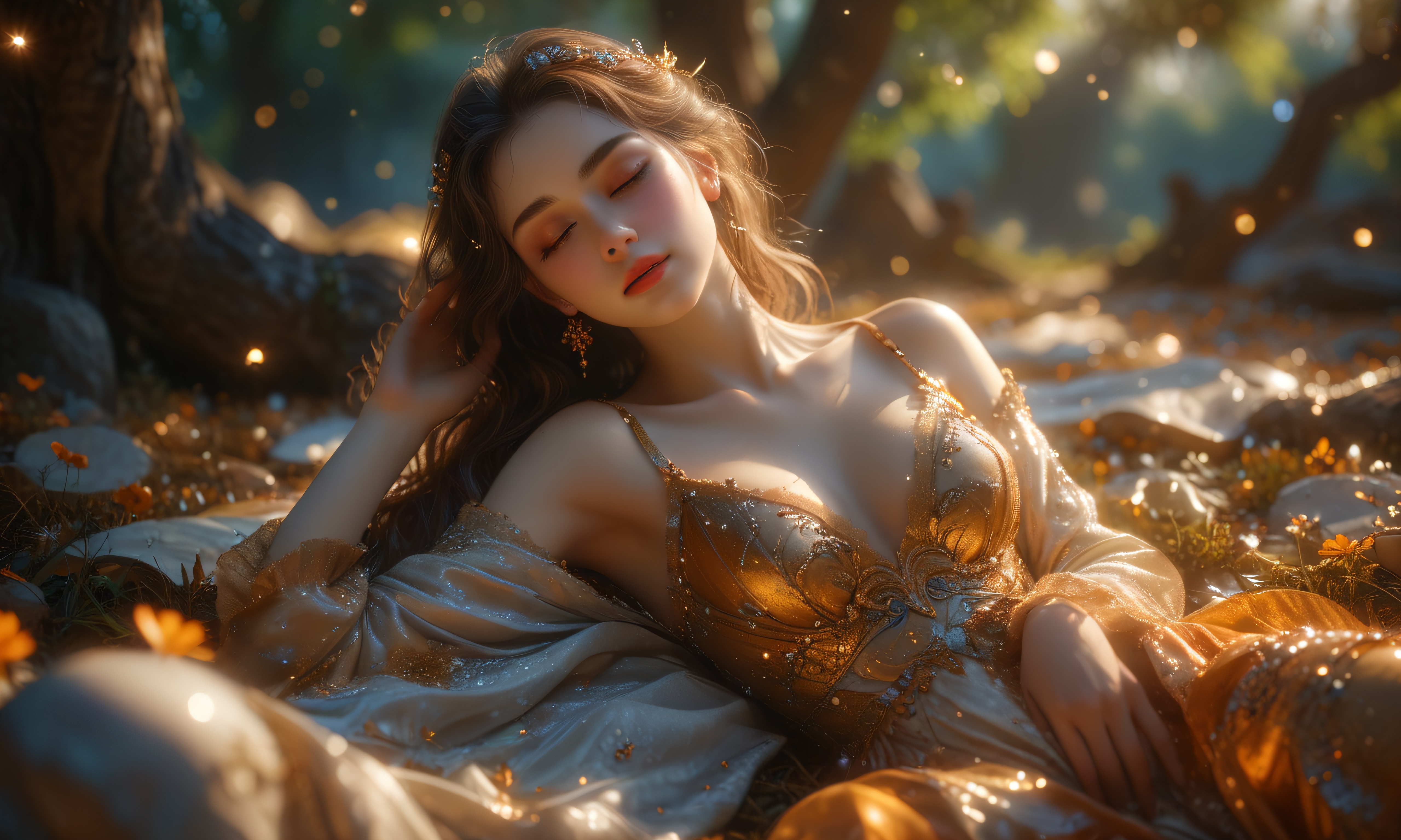 Woman Dreaming in Enchanted Grove HD Wallpaper