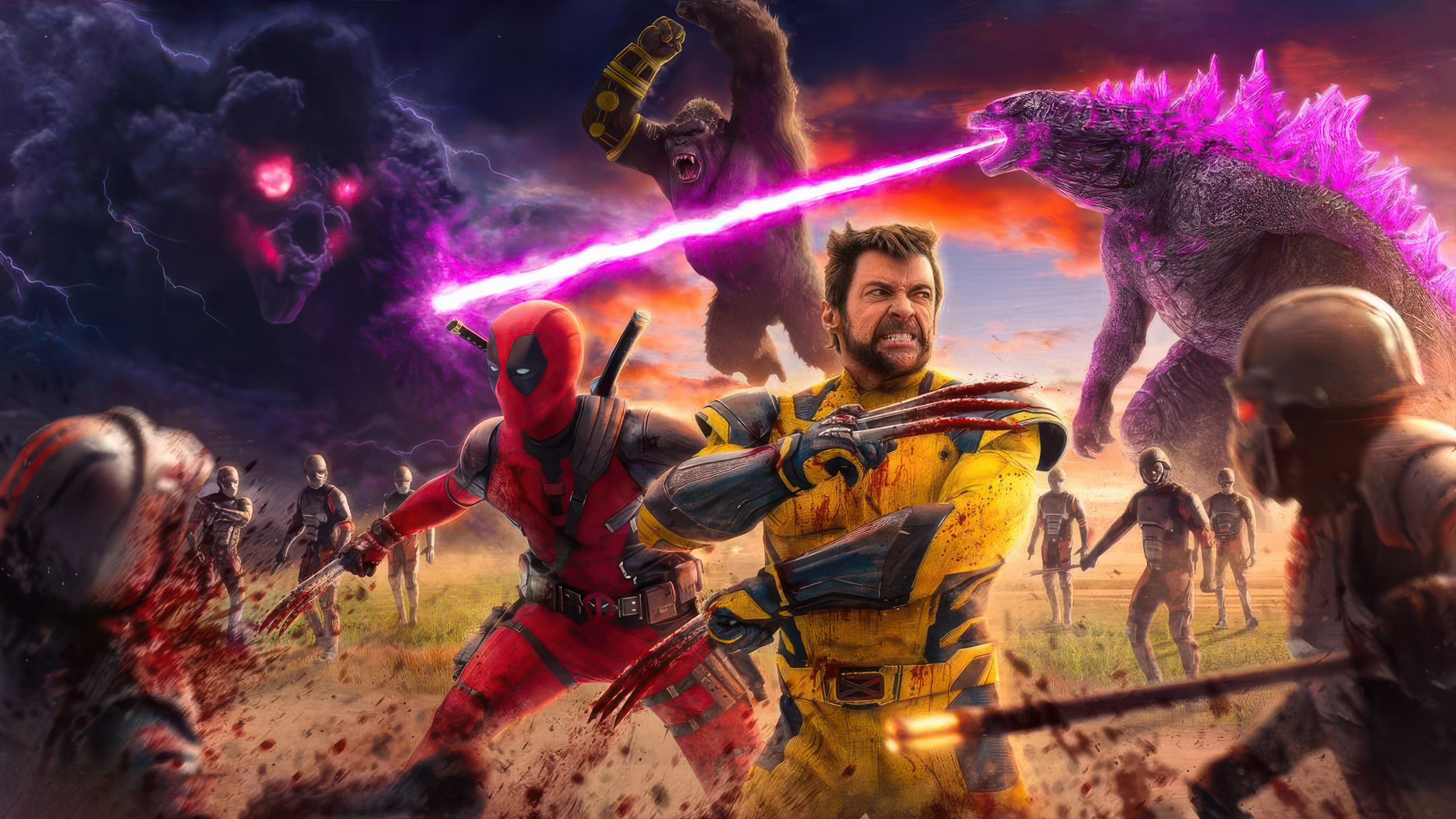 Deadpool and Wolverine fighting monsters with Godzilla and King Kong HD Wallpaper