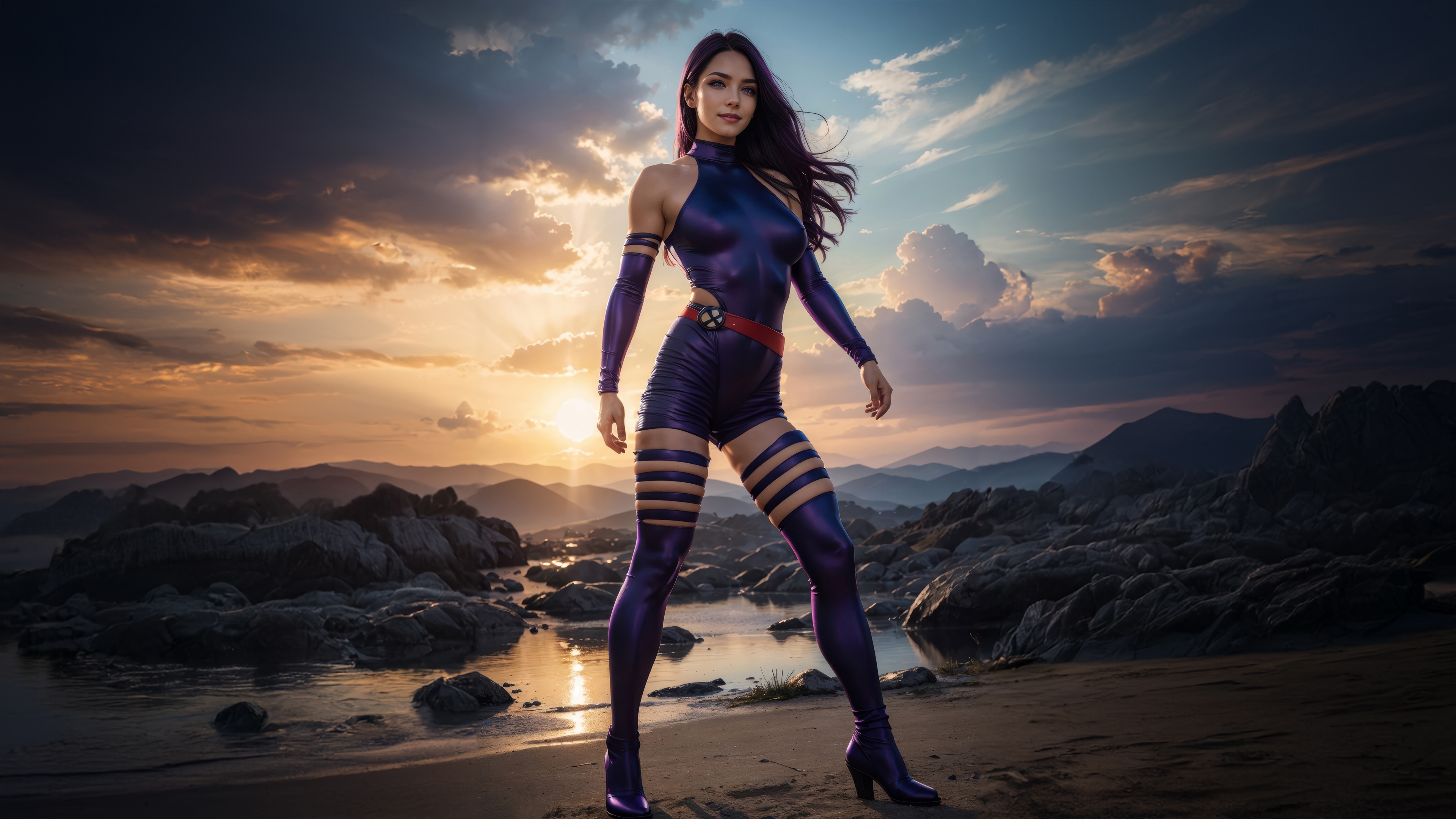 Psylocke Poses on a Rocky Shore at Sunset HD Wallpaper