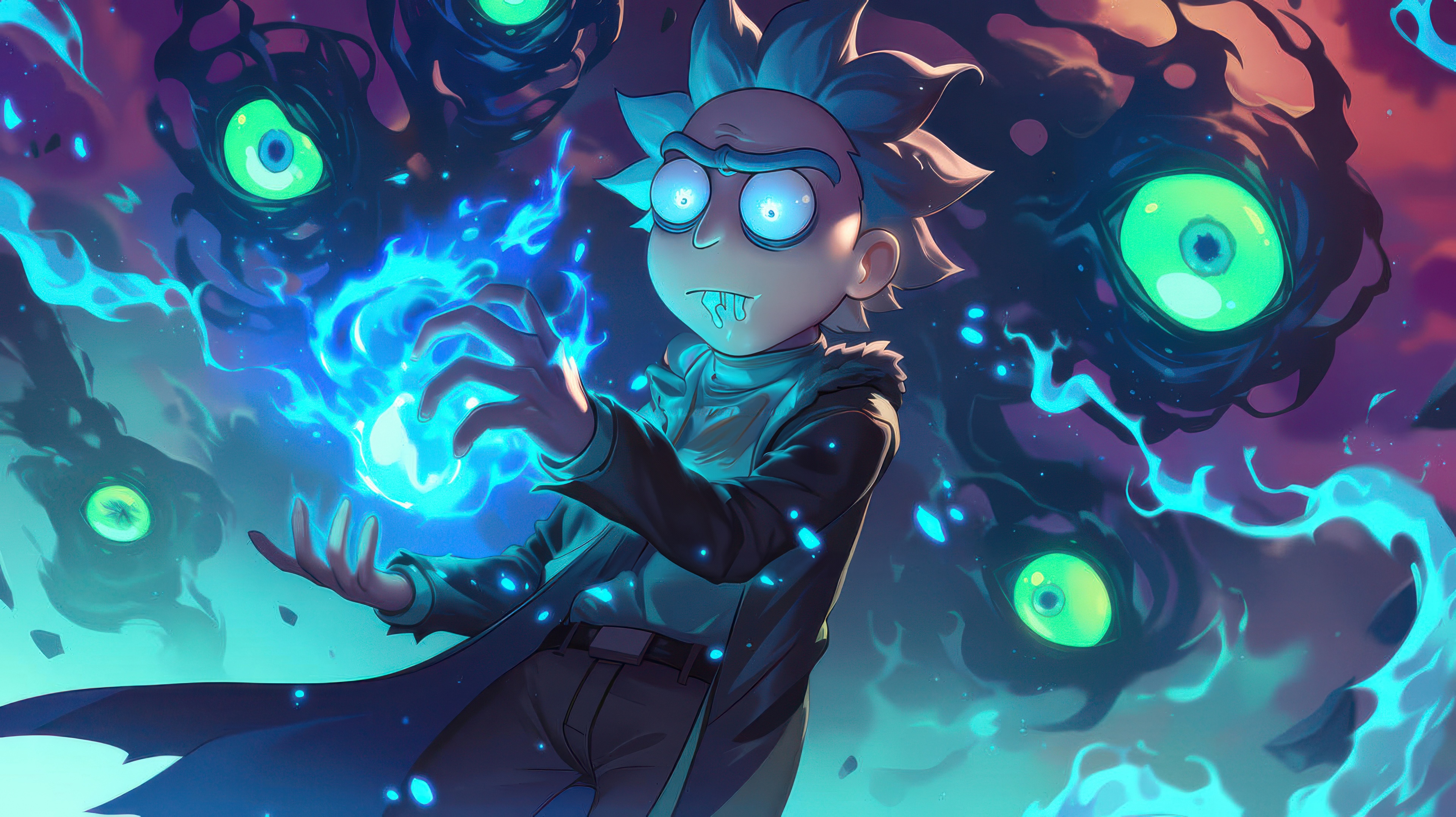 Rick Sanchez casting blue energy in Infinite Realms HD Wallpaper