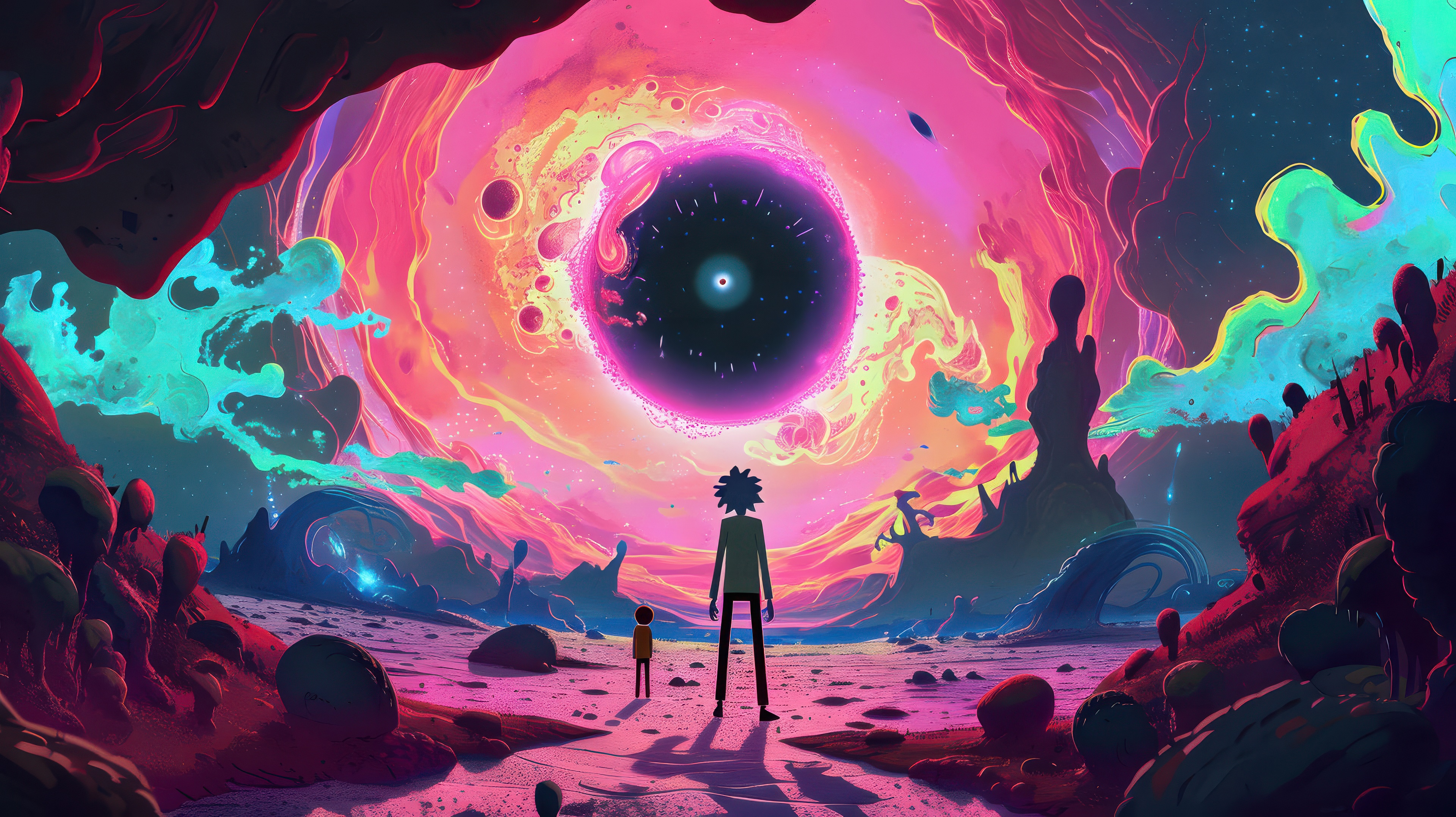 Rick and Morty in a psychedelic alien landscape HD Wallpaper