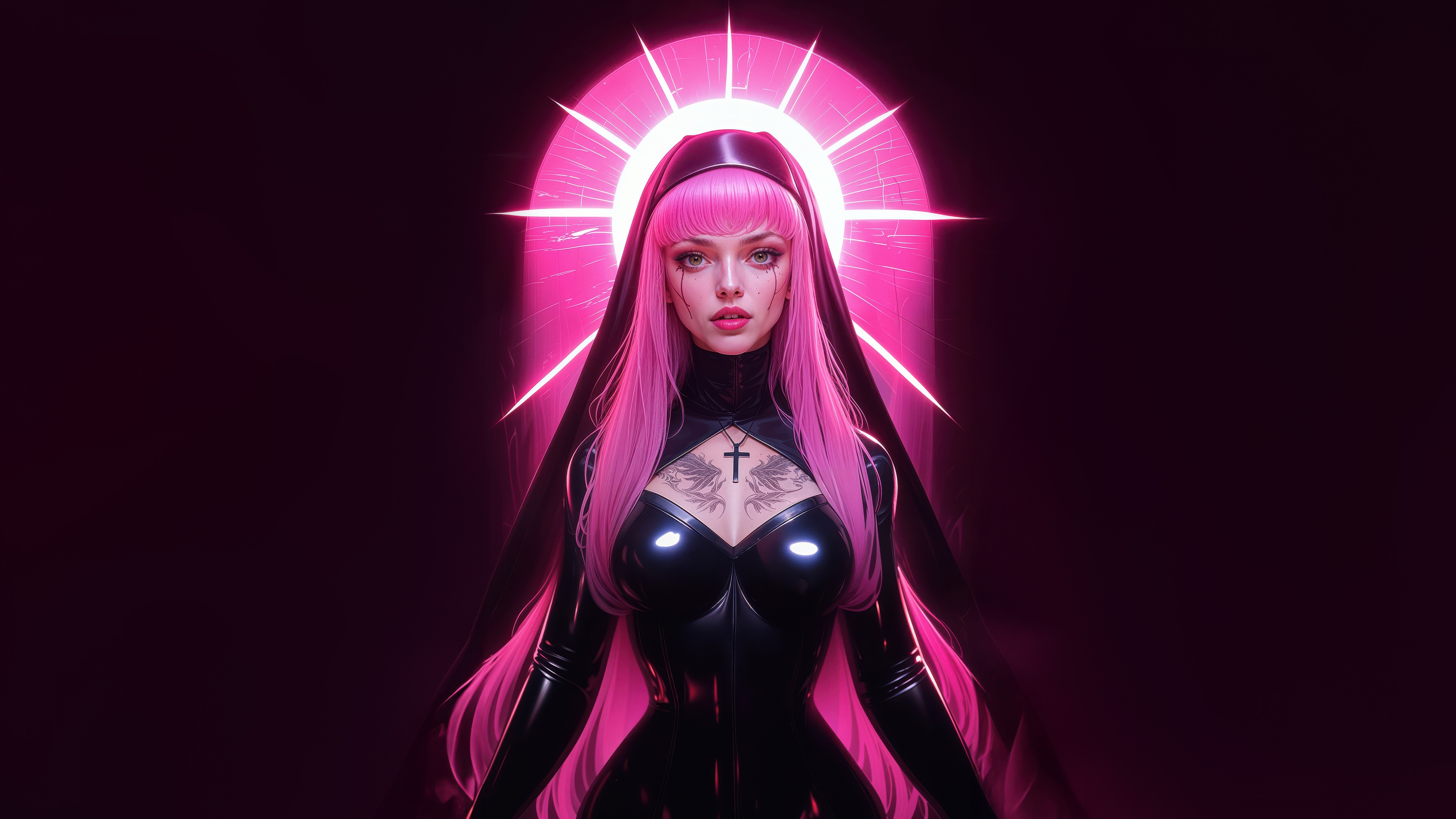 Pink Nun with Cross Tattoo and Halo HD Wallpaper