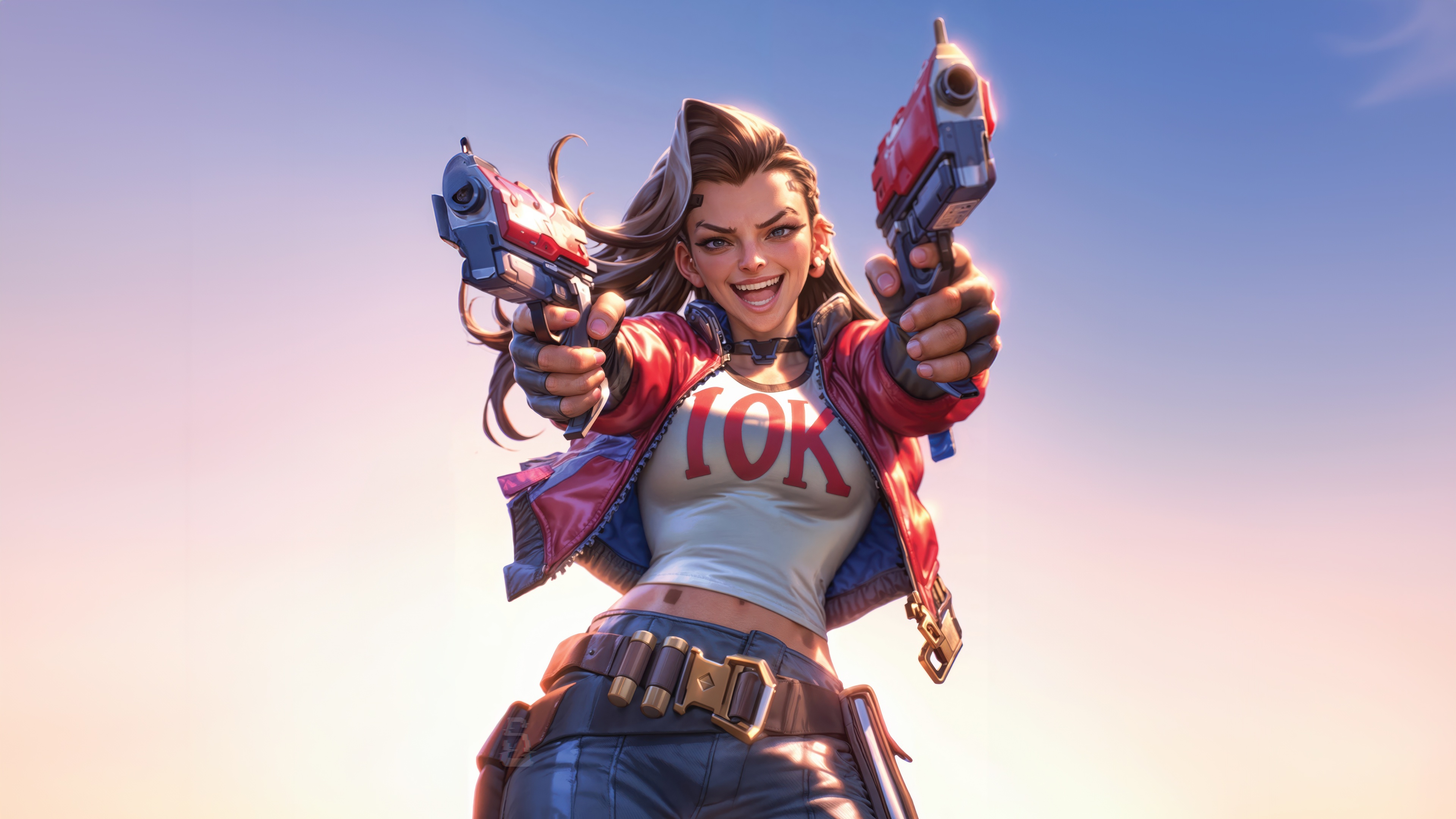 Woman with two guns and '10K' shirt HD Wallpaper