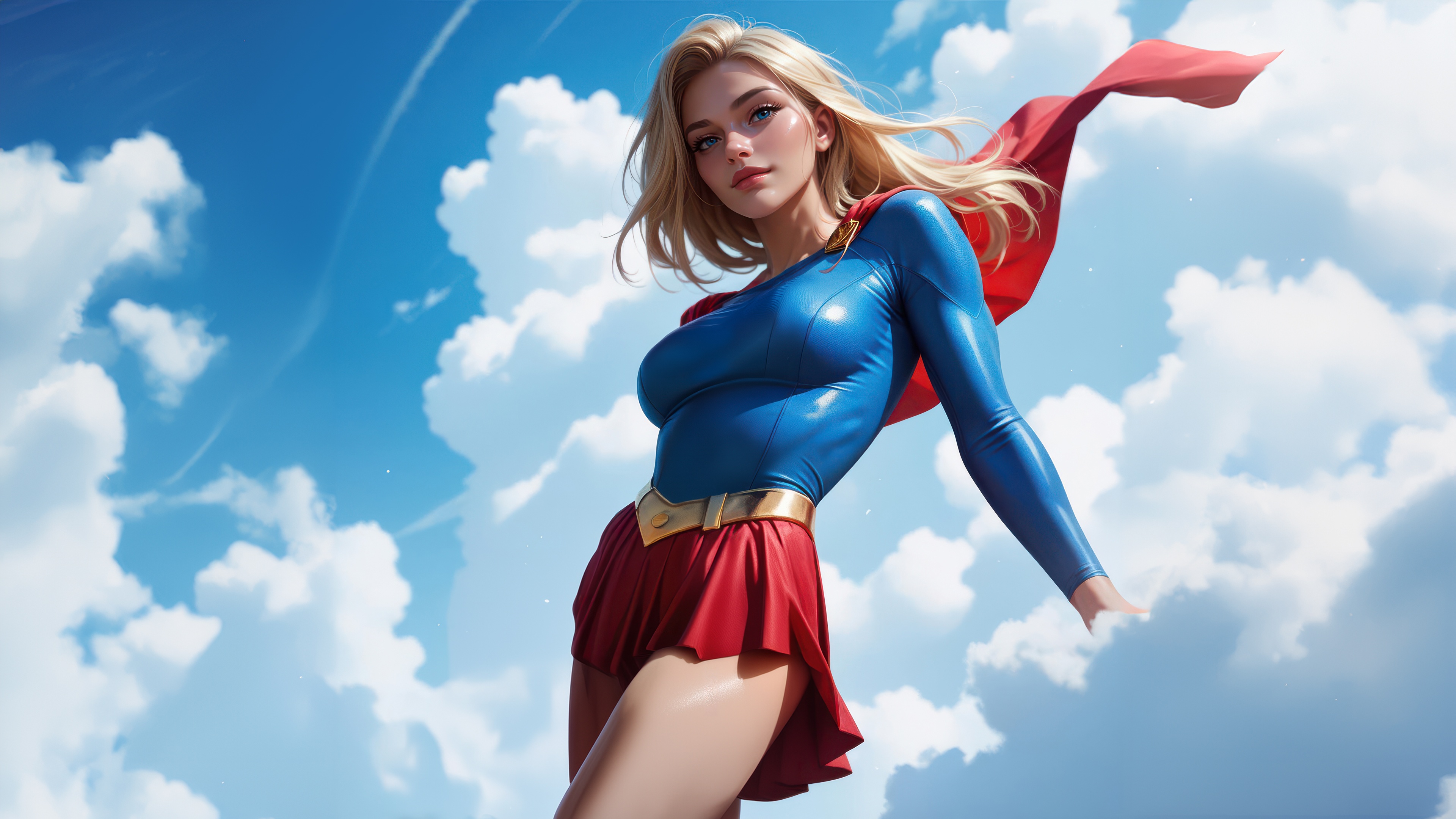 Supergirl in a blue and red costume flying HD Wallpaper