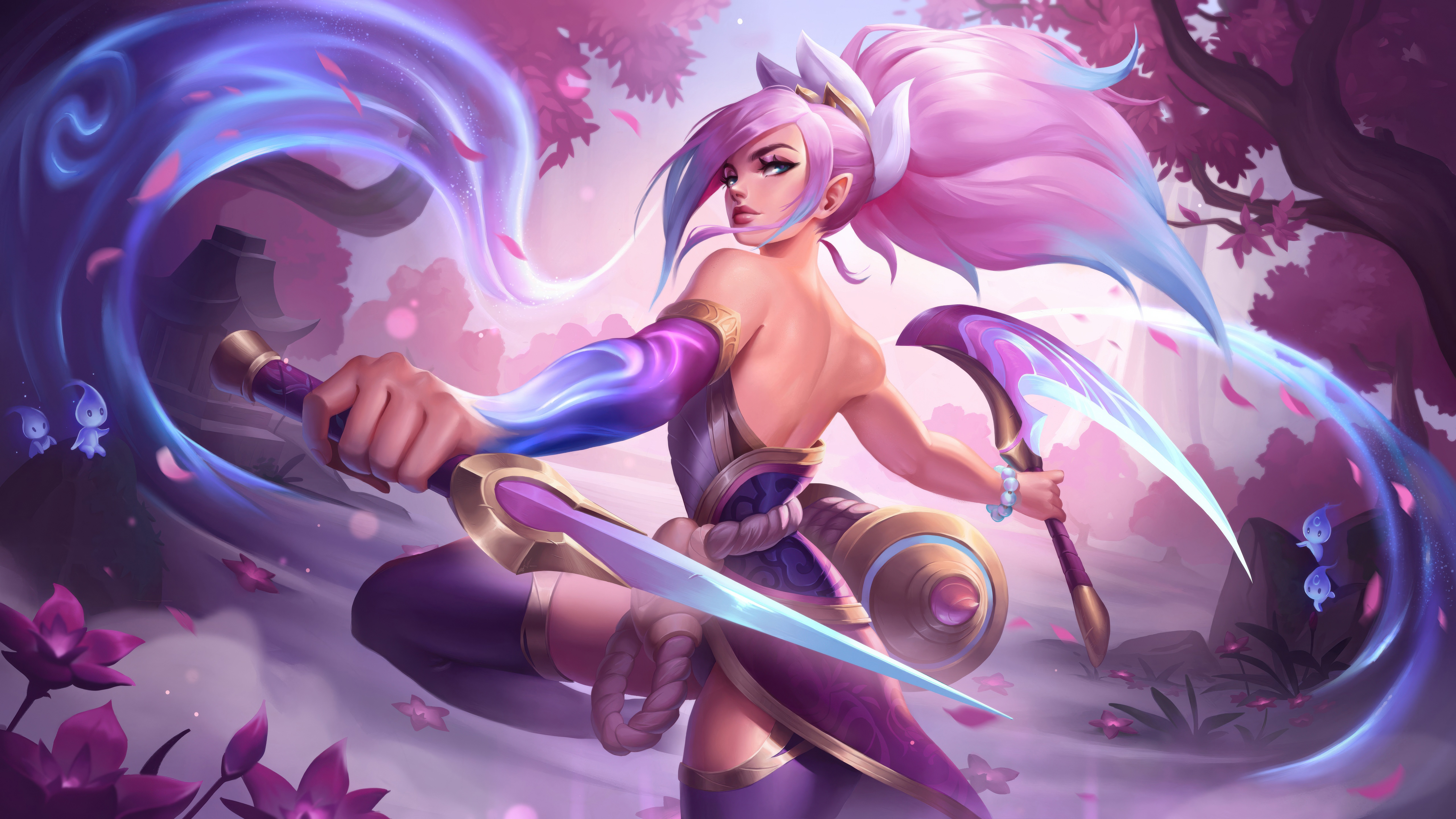 Spirit Blossom Akali with Scythes and Spirit Wisps HD Wallpaper