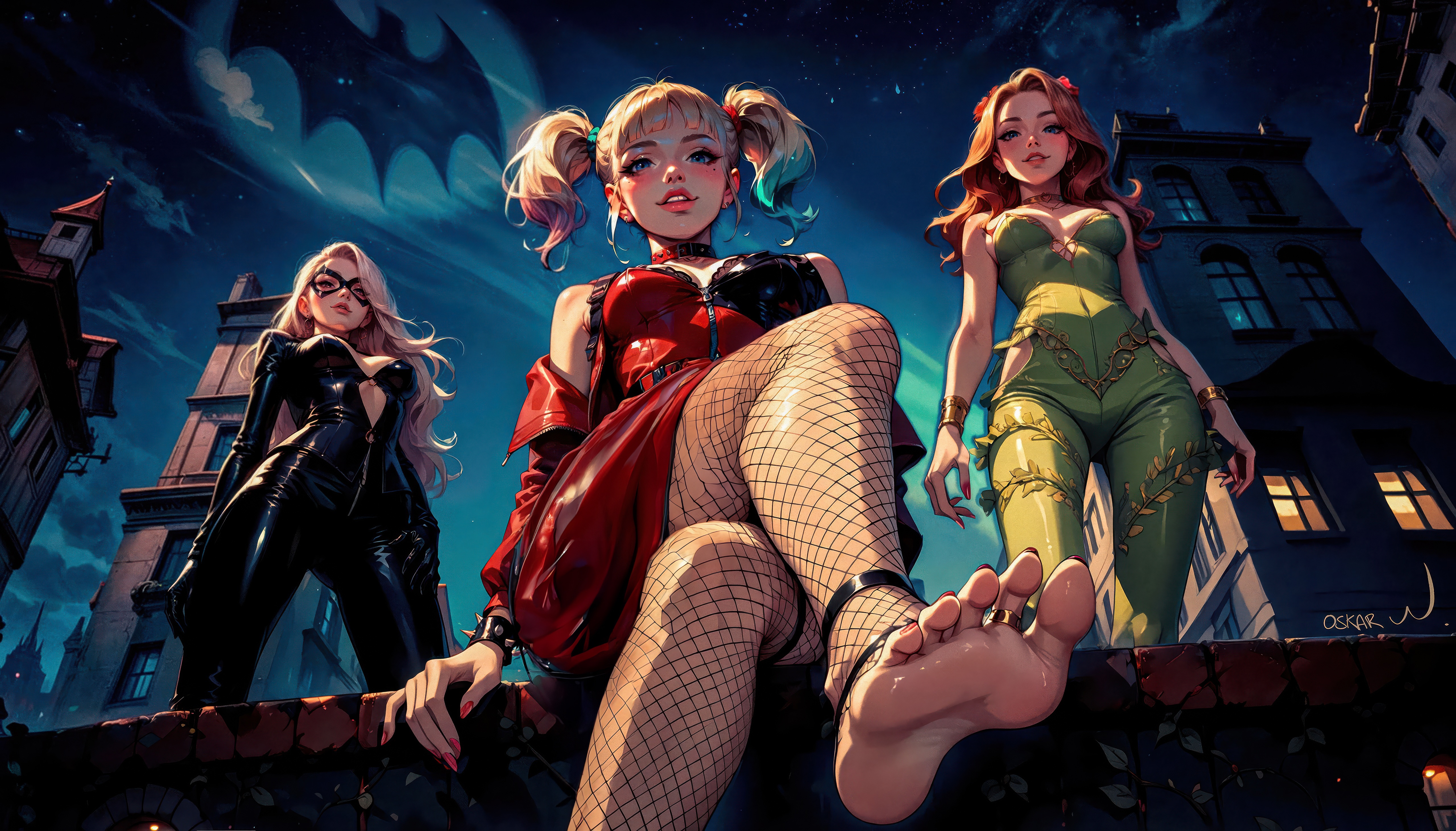 Harley Quinn, Poison Ivy, and Catwoman on a rooftop HD Wallpaper