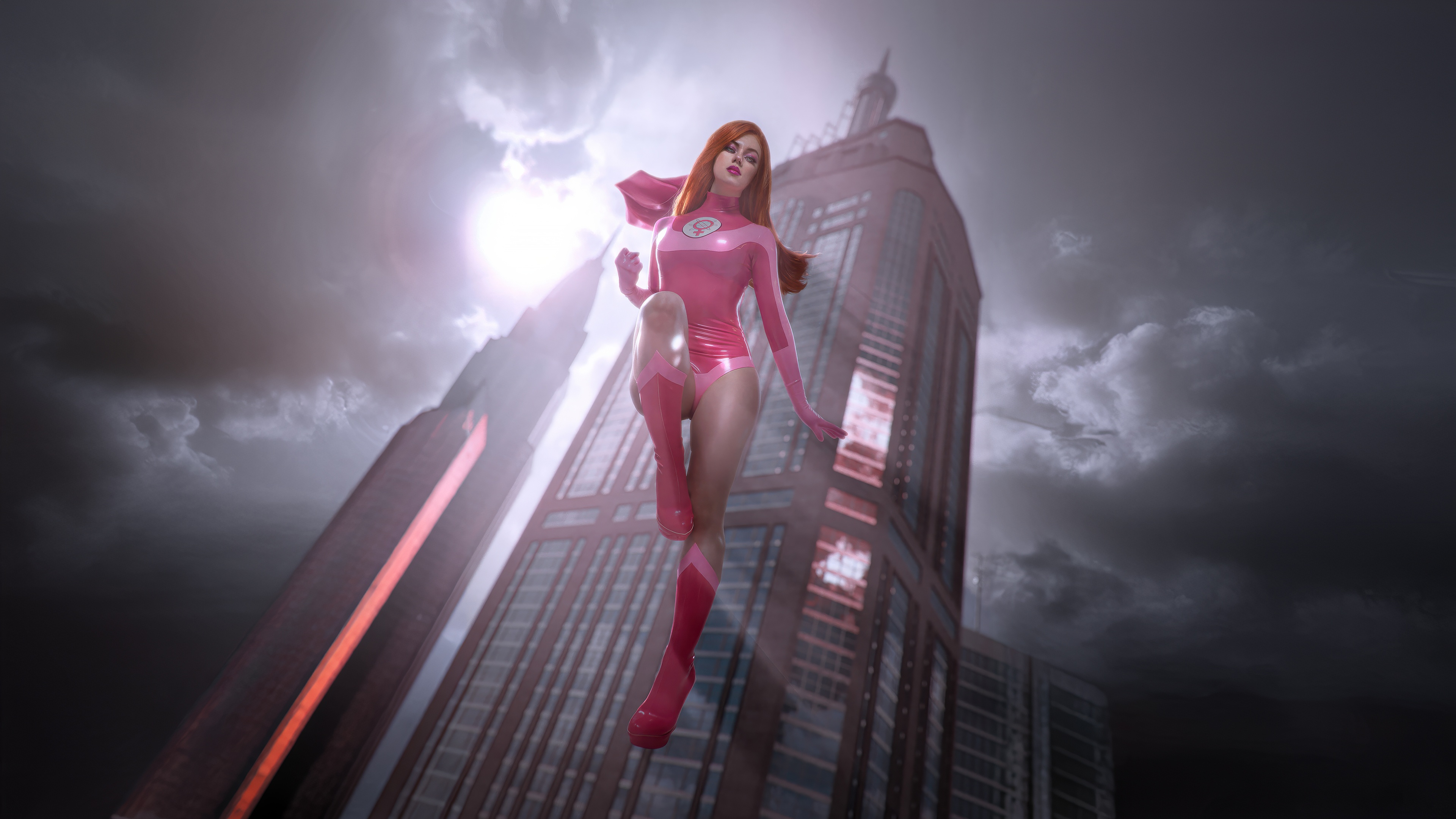 Atom Eve Cosplay Poses in Front of Skyscrapers HD Wallpaper