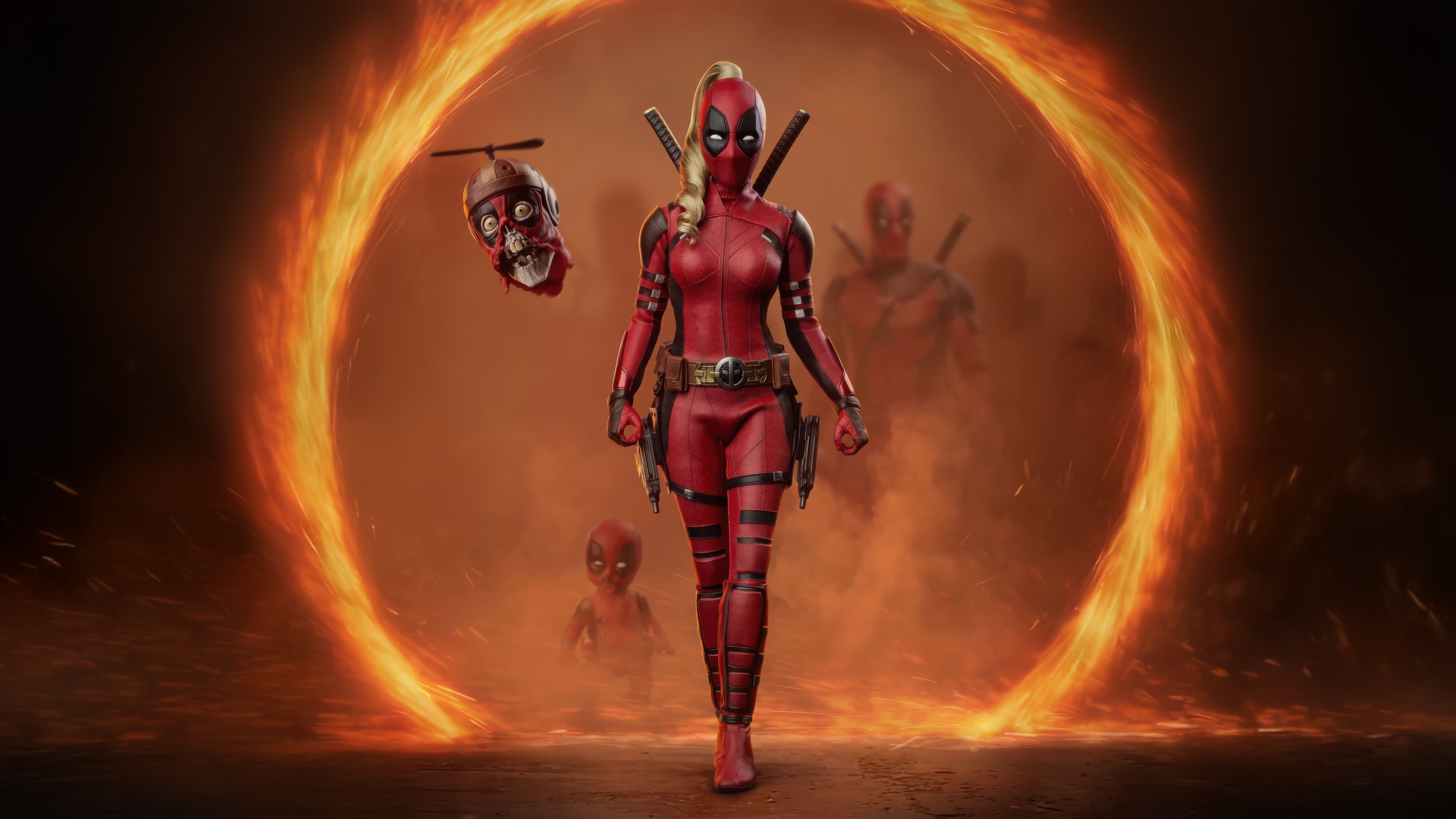 Lady Deadpool and friends in a fiery portal HD Wallpaper