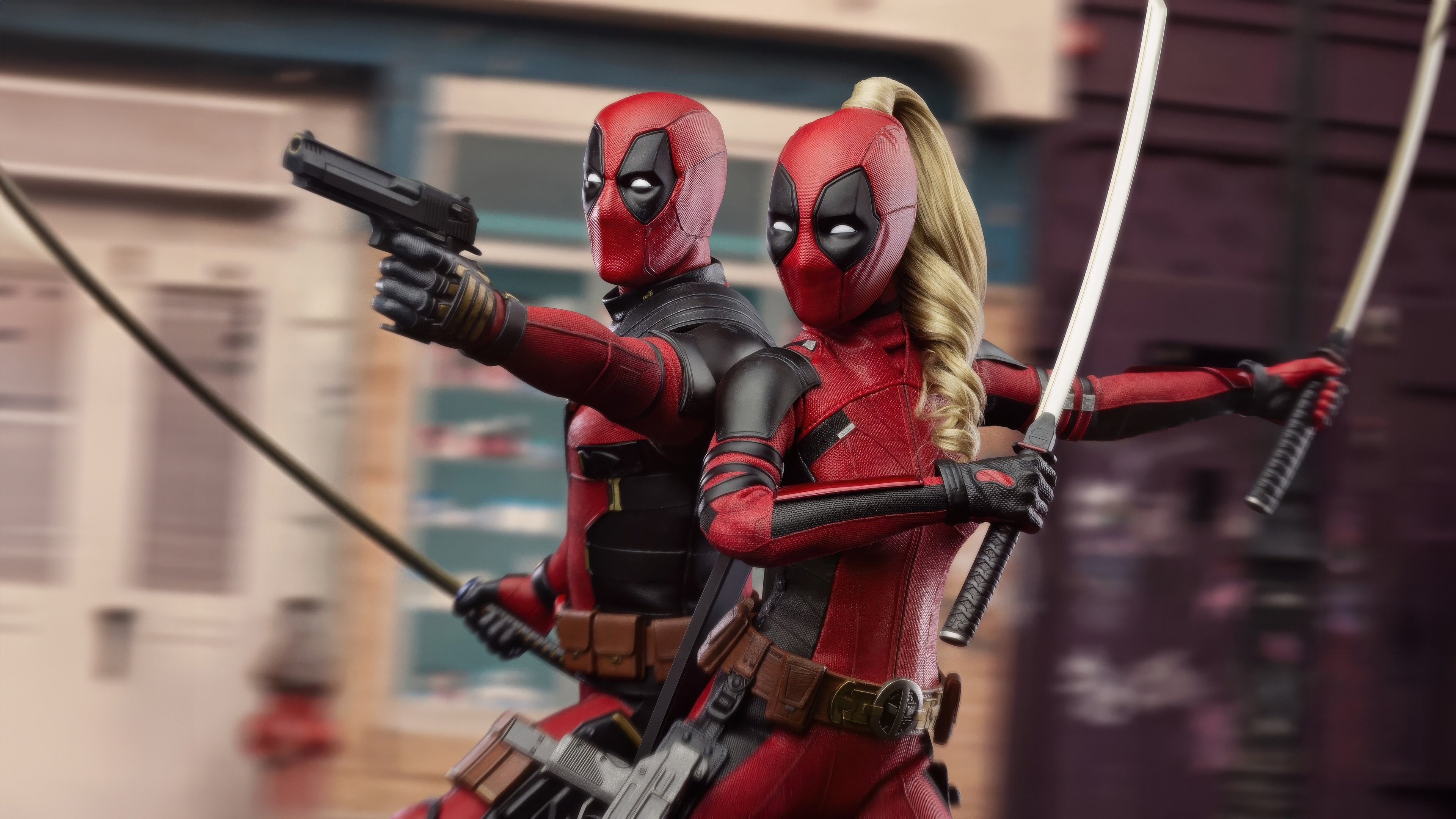 Deadpool and Lady Deadpool with Swords and Guns HD Wallpaper