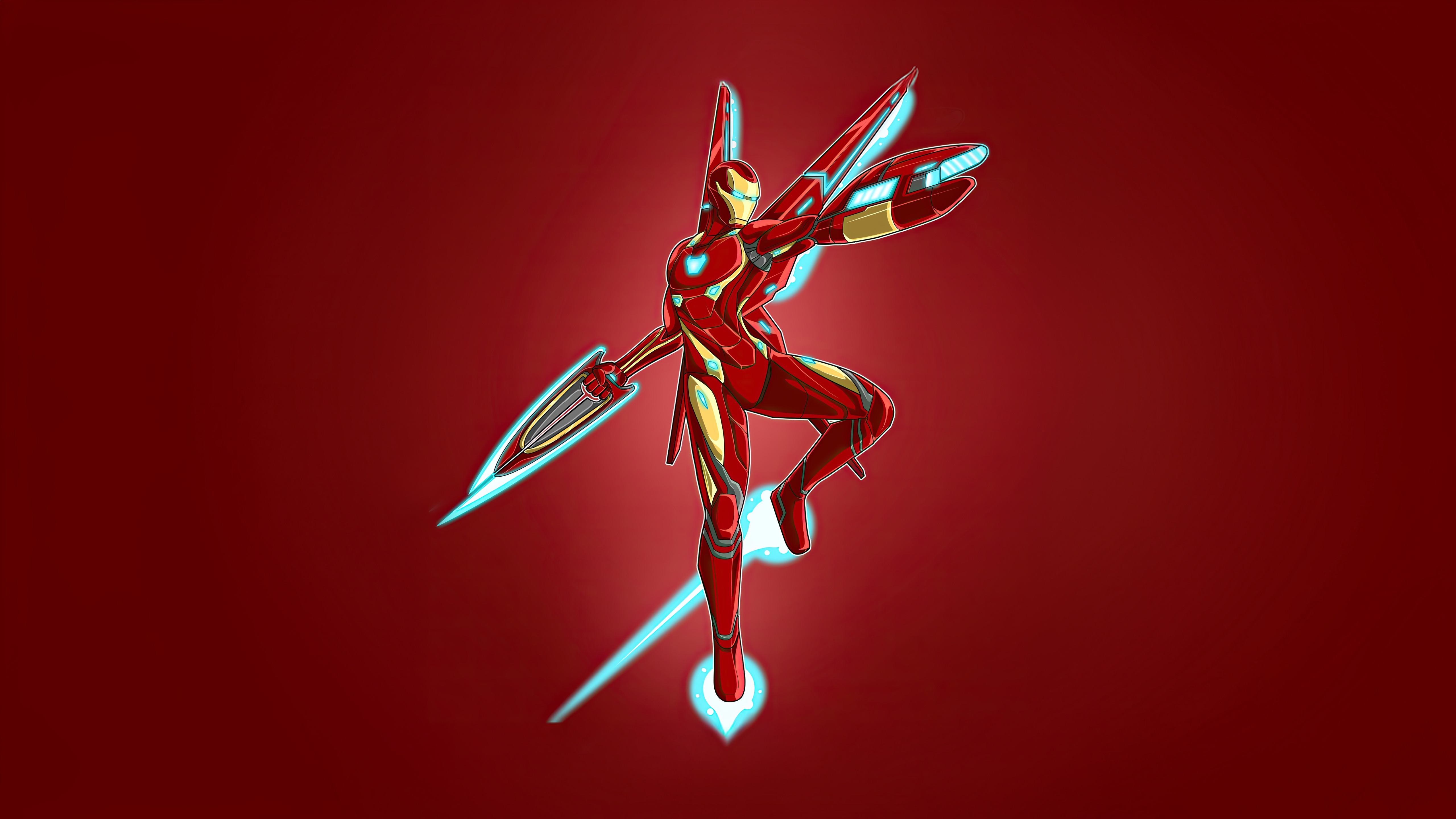 Iron Man in a dynamic pose with energy wings and sword HD Wallpaper
