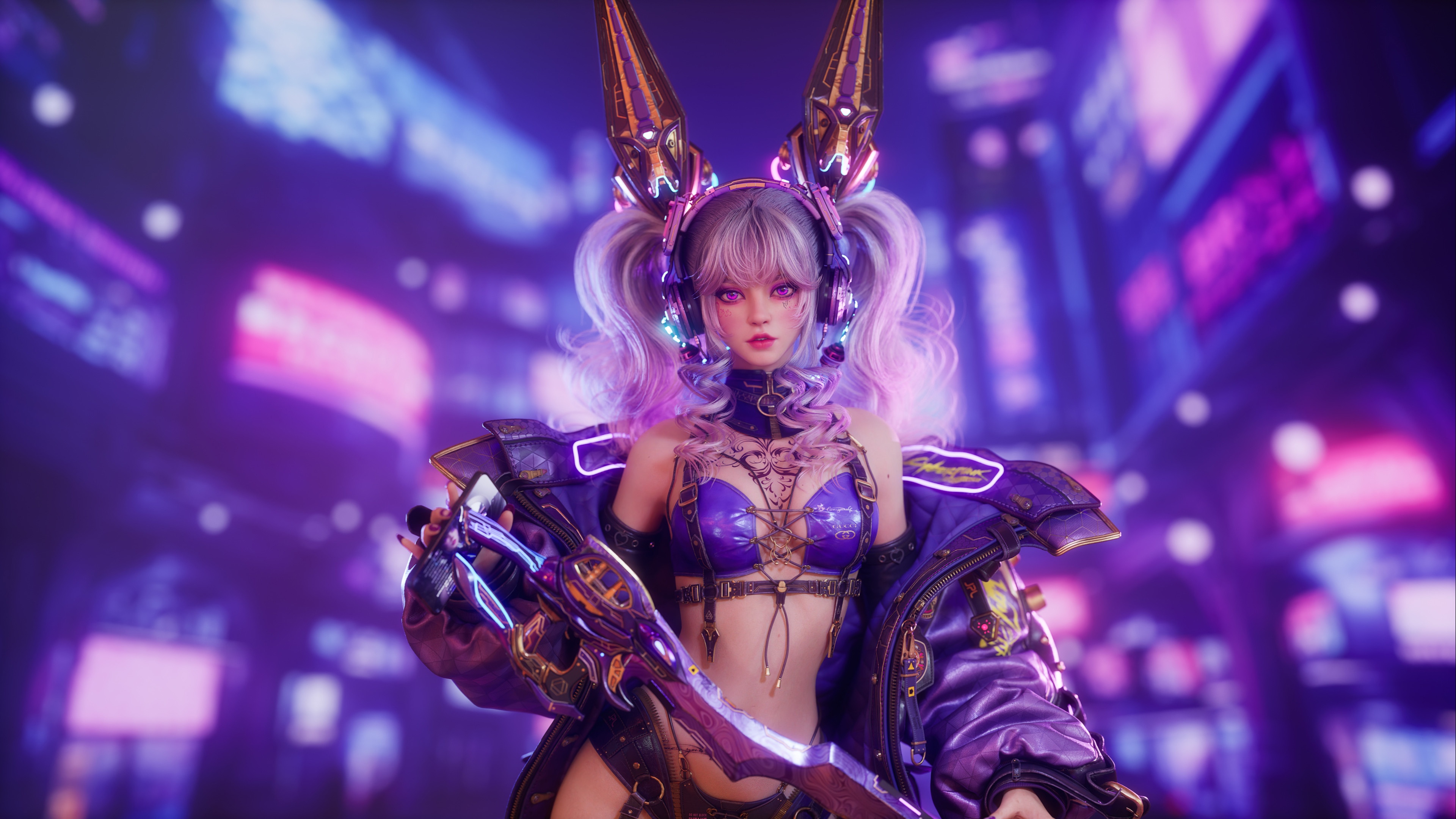 Cyberpunk warrior with bunny ears and gun HD Wallpaper