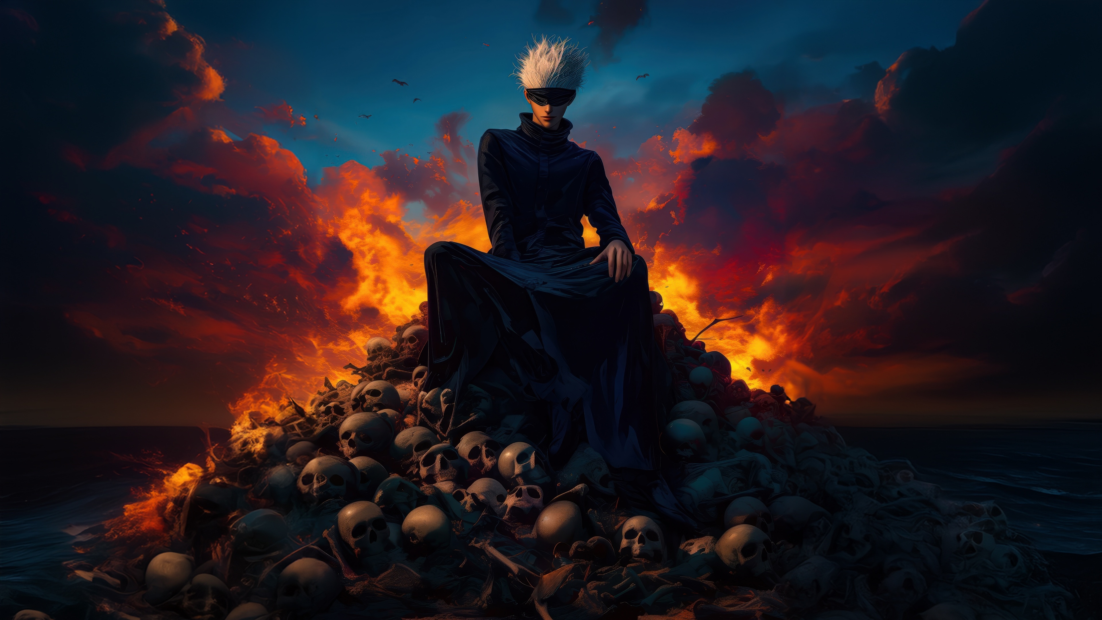 Gojo Satoru sits on a pile of skulls HD Wallpaper