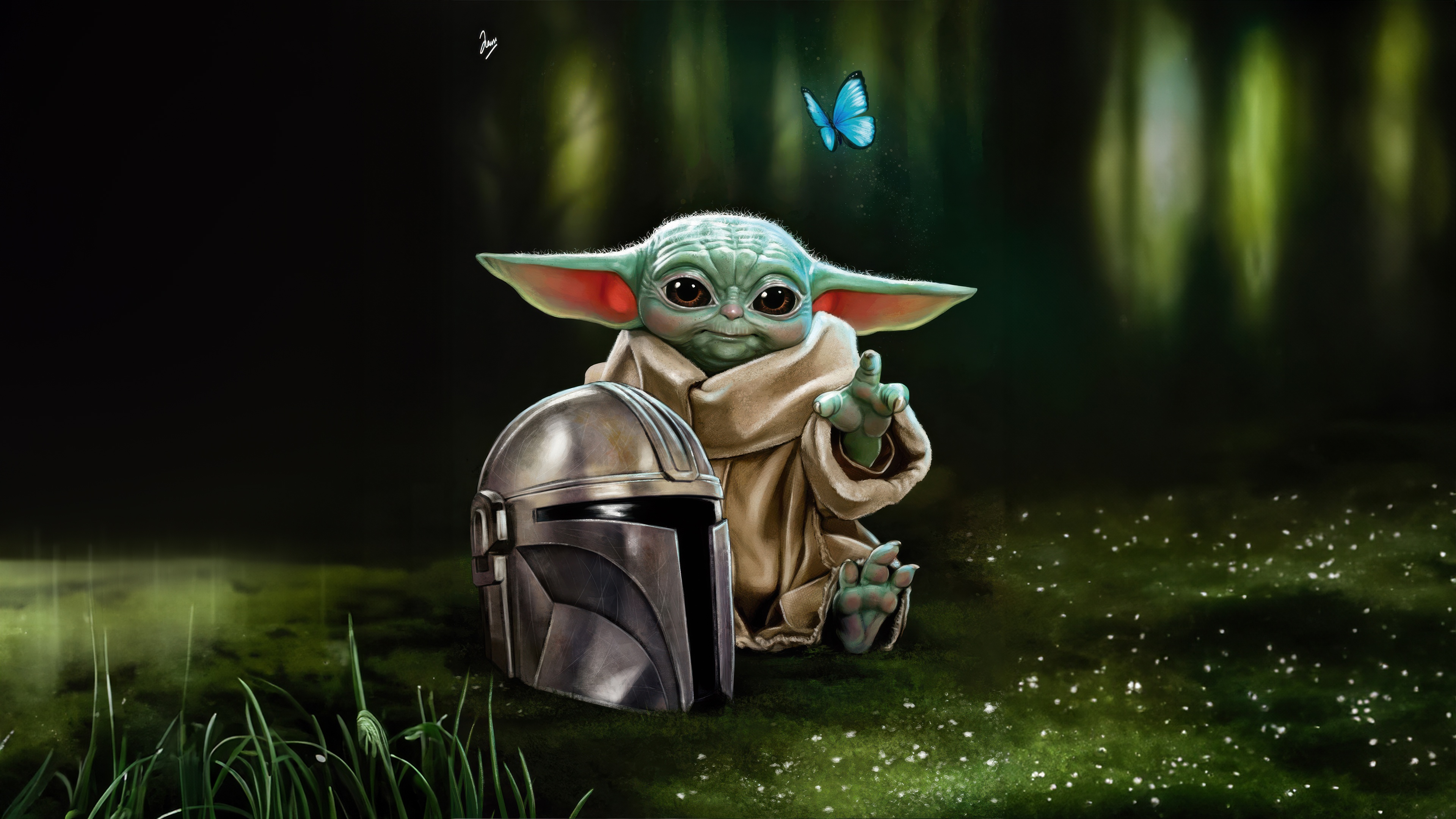 Grogu and Mandalorian Helmet in Forest HD Wallpaper