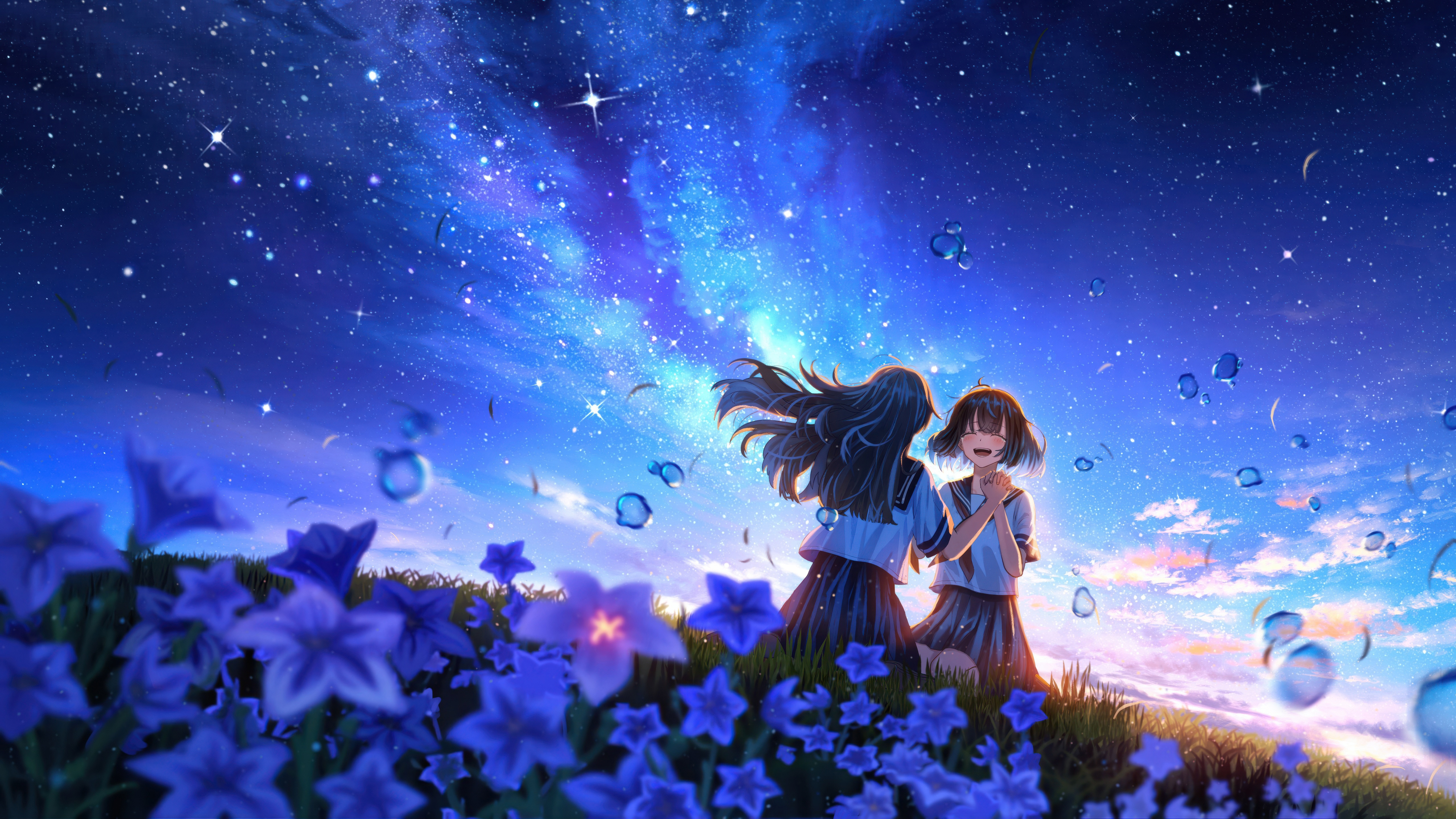 Two girls in a field of blue flowers under a starry sky HD Wallpaper