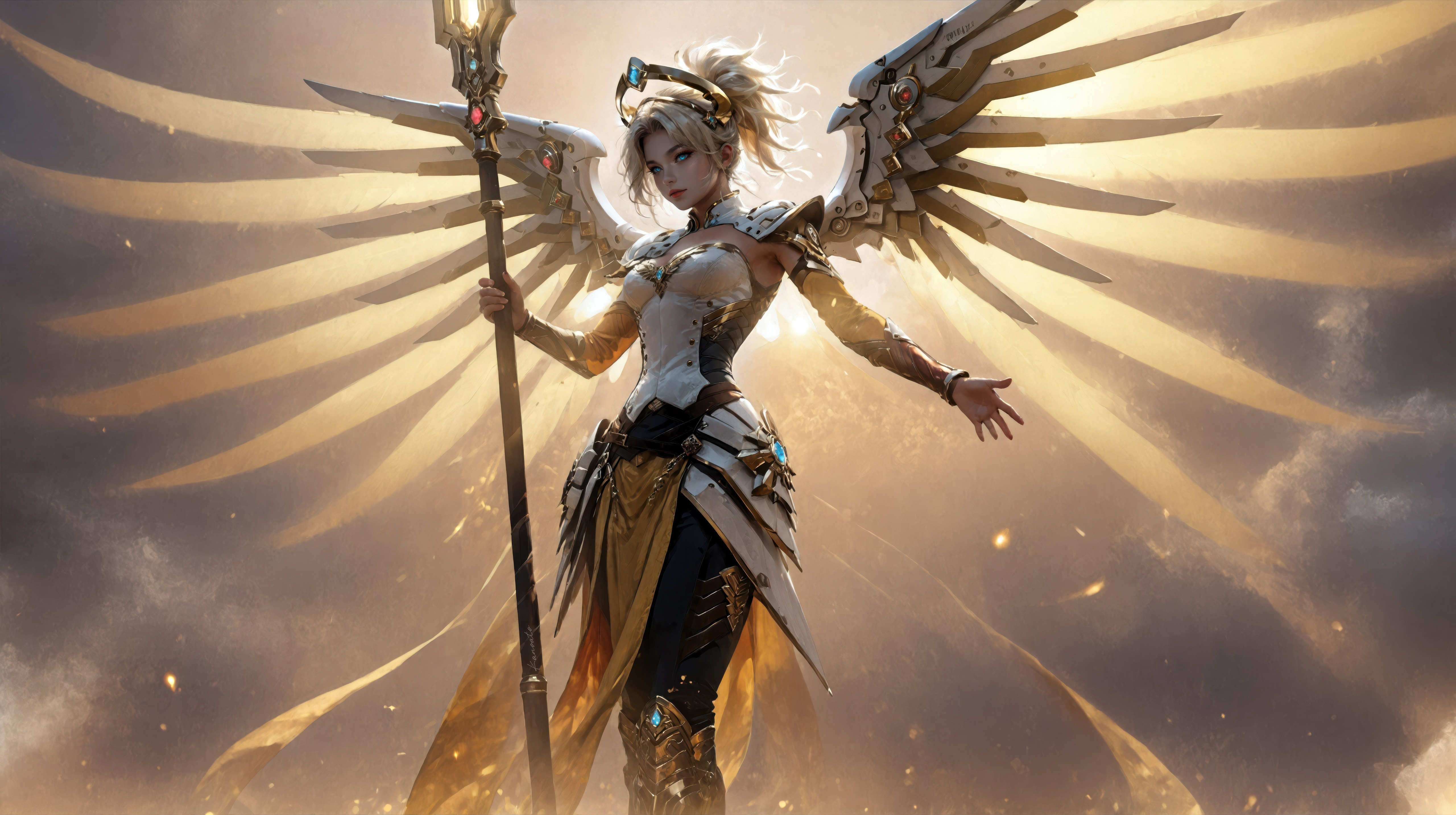 Mercy from Overwatch with celestial wings HD Wallpaper