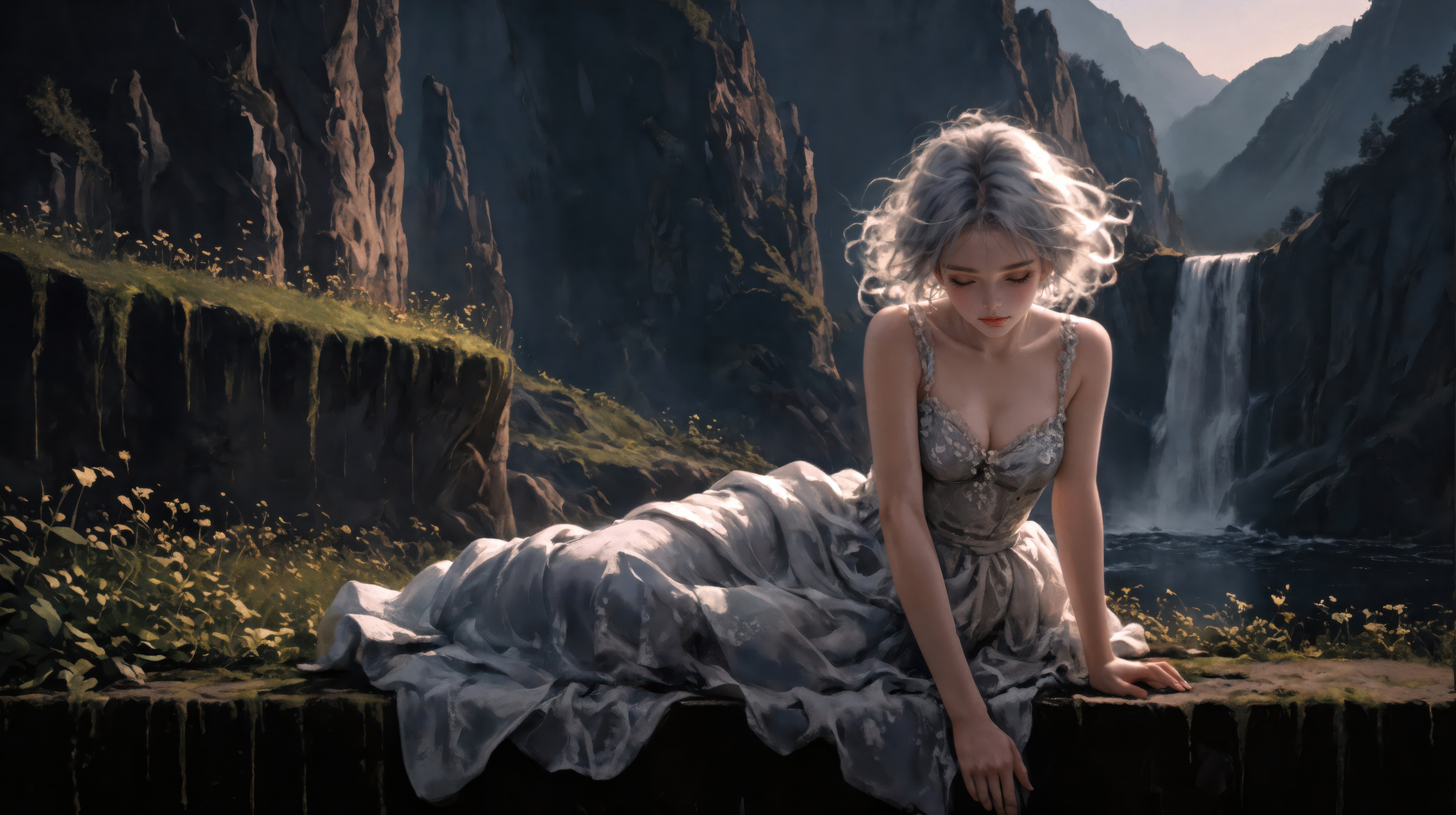 A woman in a flowing dress sits by a waterfall HD Wallpaper