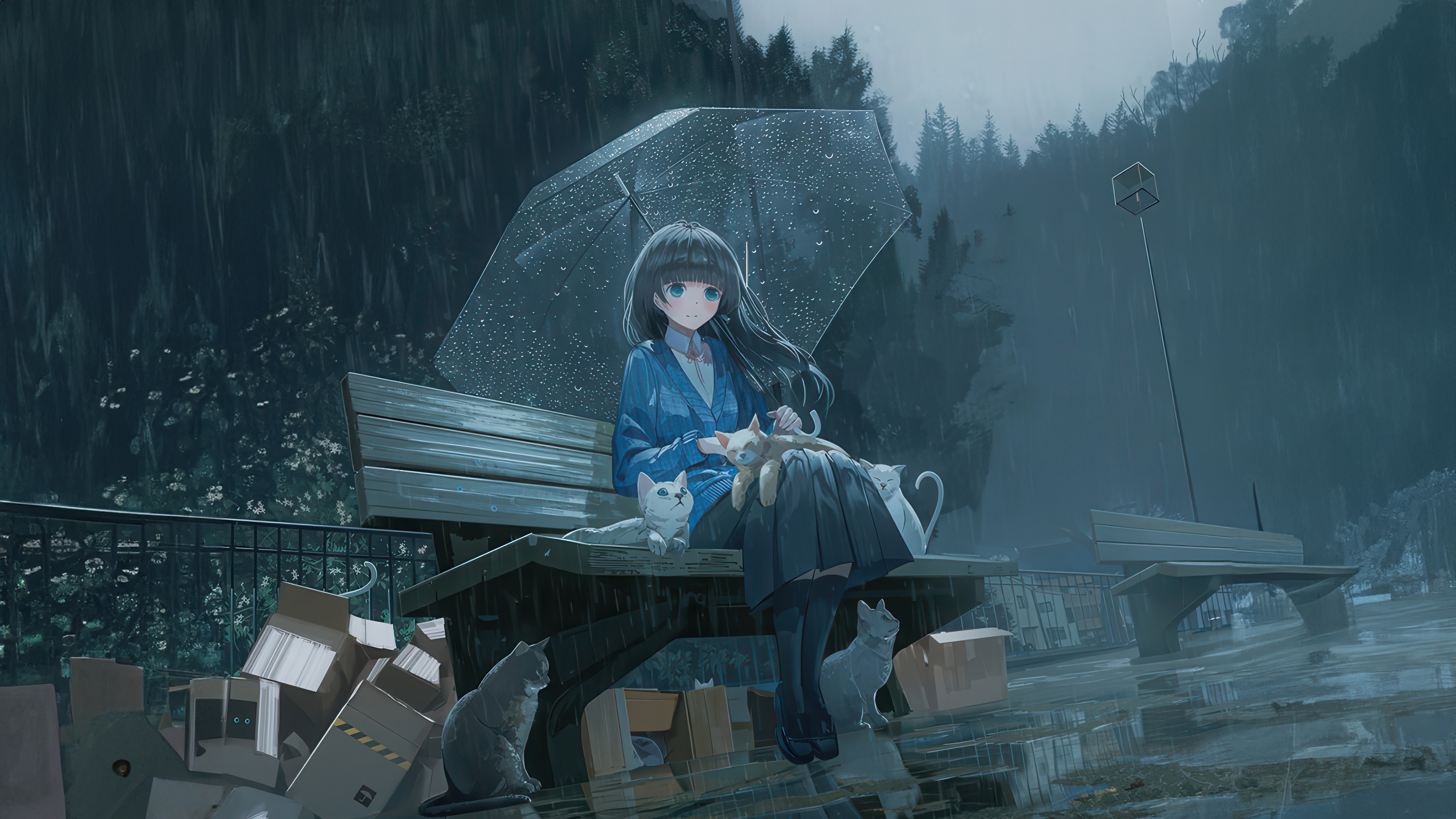 Anime Girl Sheltering From Rain With Cats HD Wallpaper