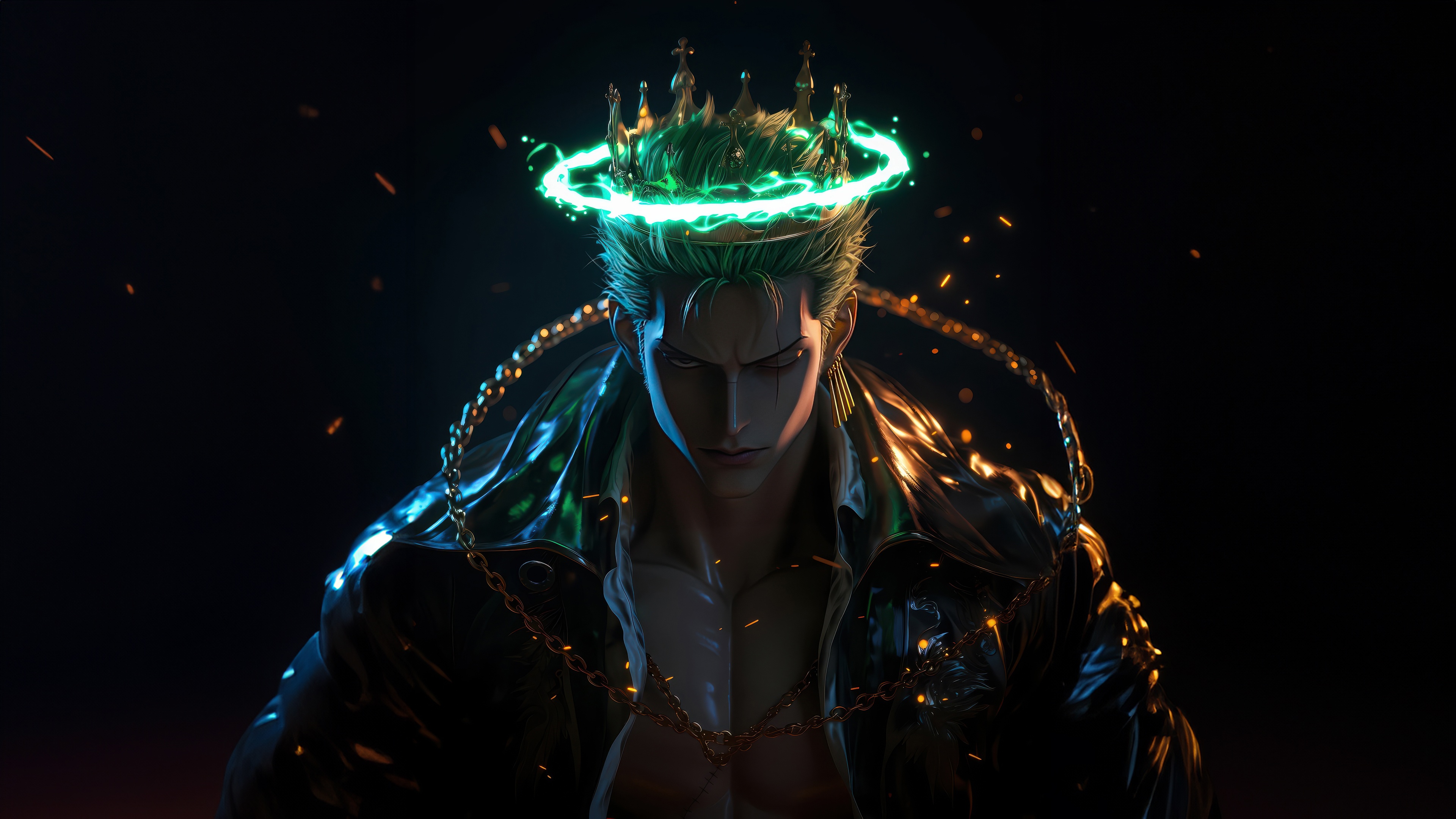 Roronoa Zoro with a glowing crown and chains HD Wallpaper