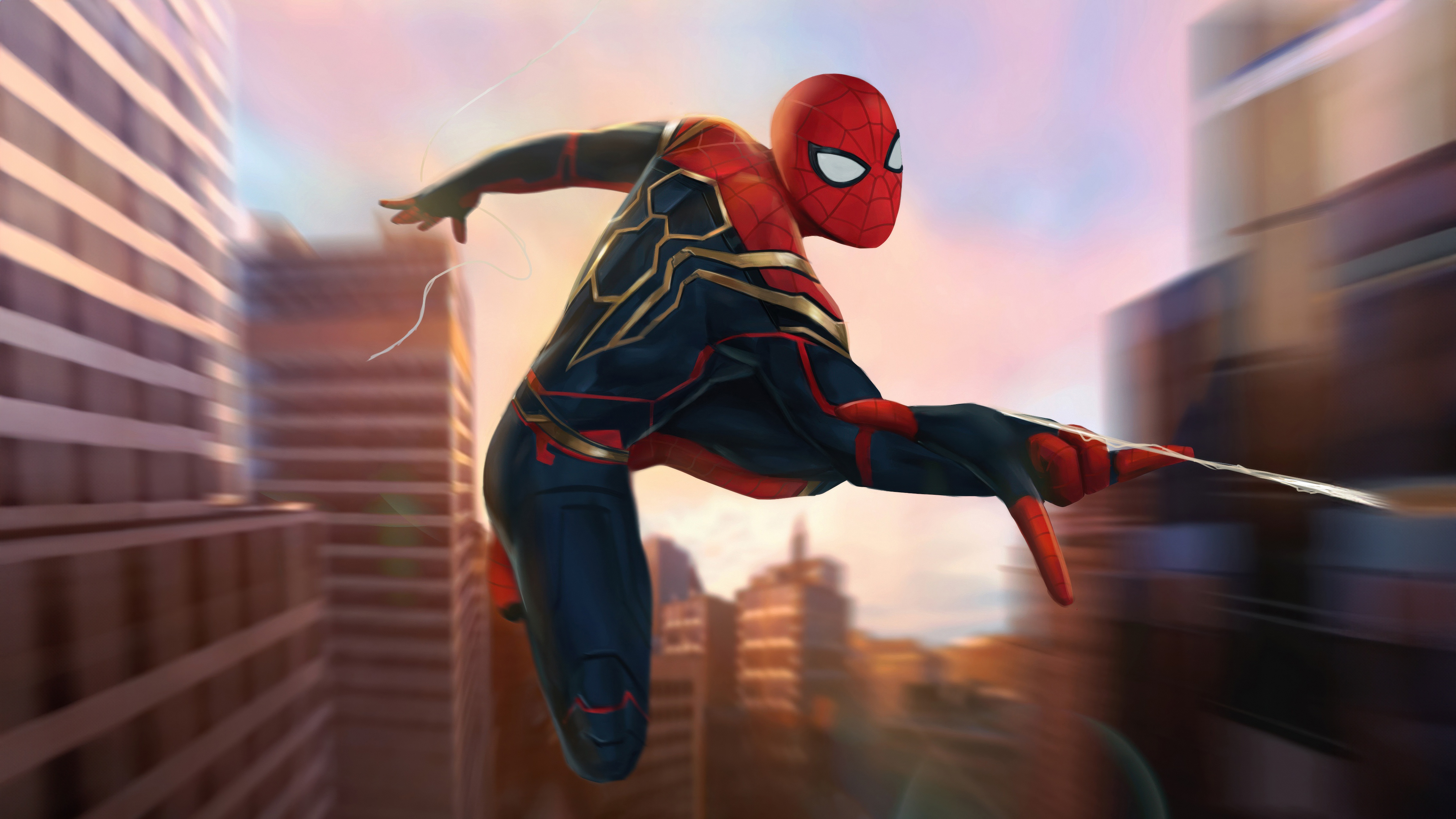 Spider-Man in his Hybrid Suit swings through a city HD Wallpaper