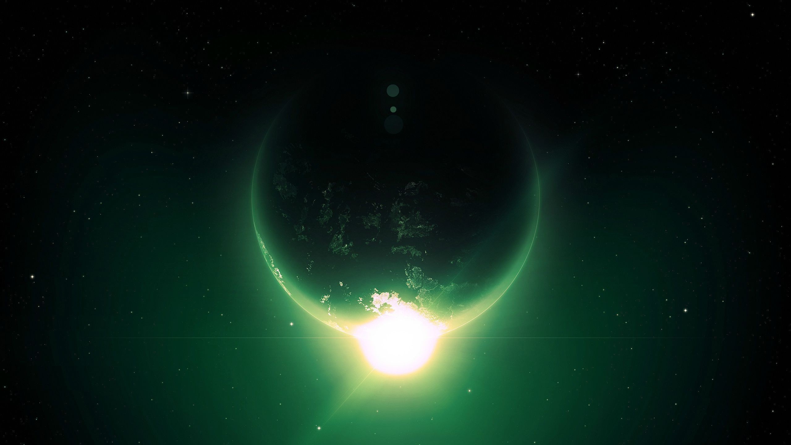 Digital art of a green planet in space with a bright sunrise HD Wallpaper