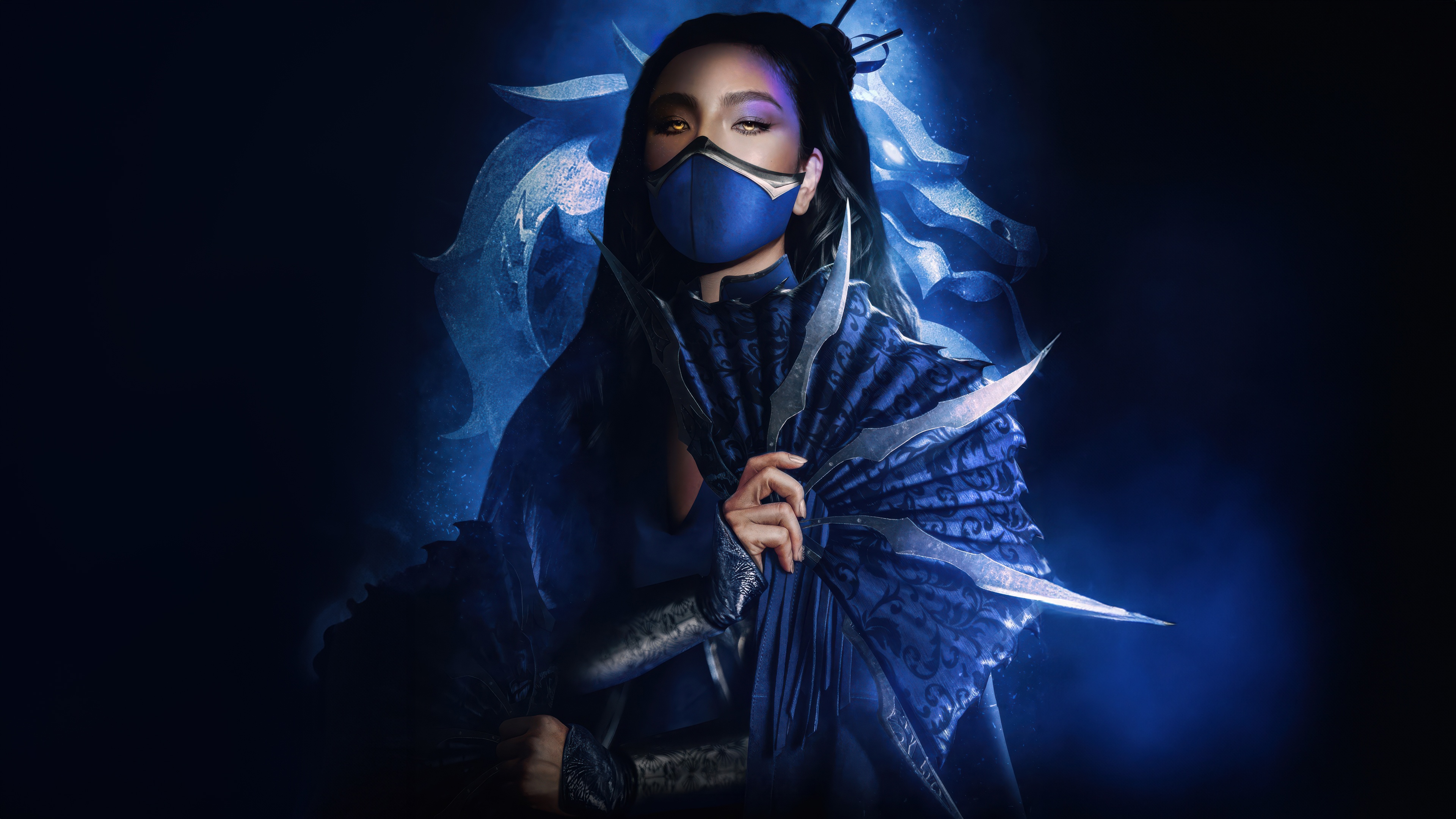 Adeline Rudolph as Katana with blue mask and fans HD Wallpaper