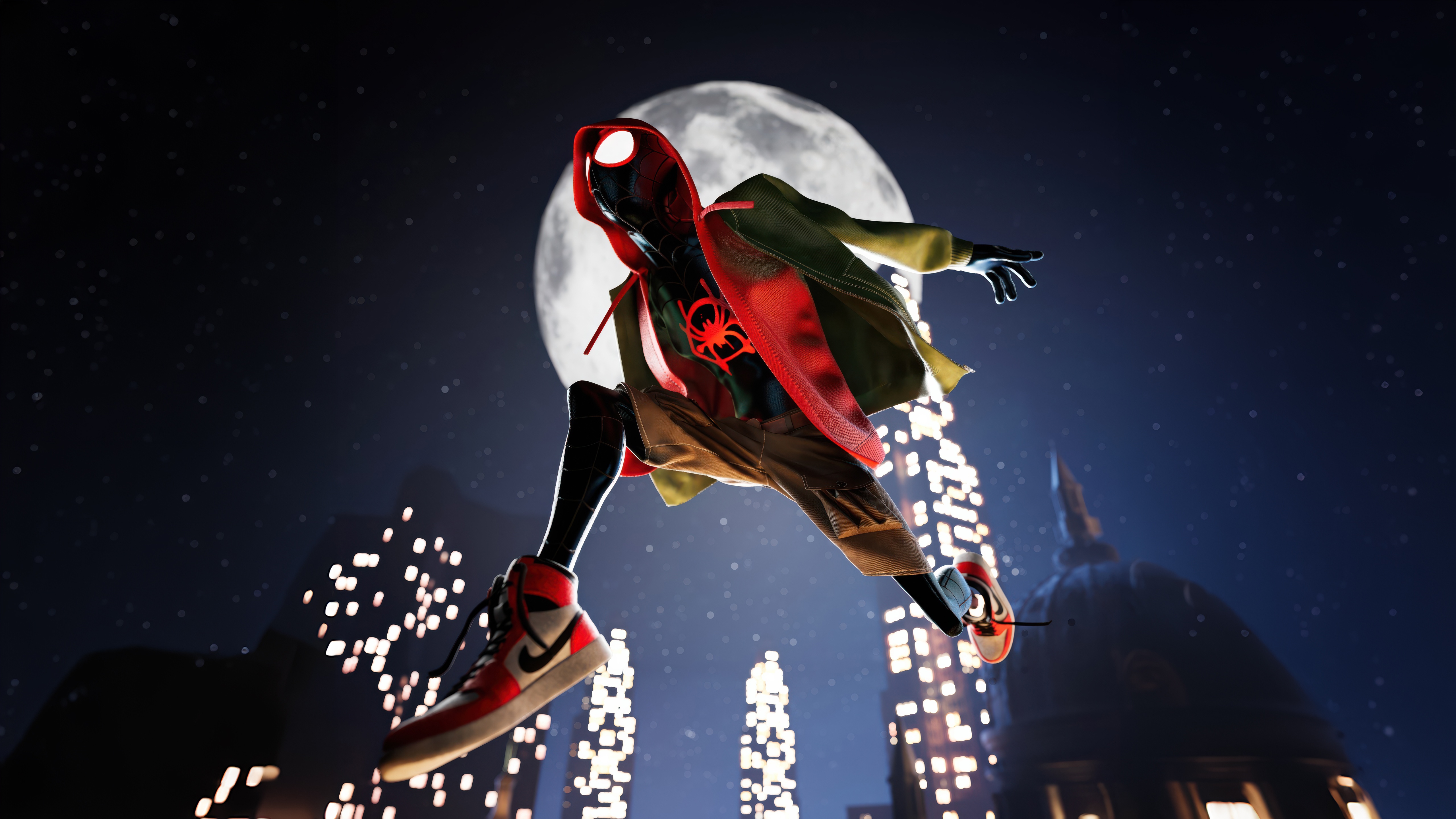 Miles Morales leaping in front of a full moon HD Wallpaper