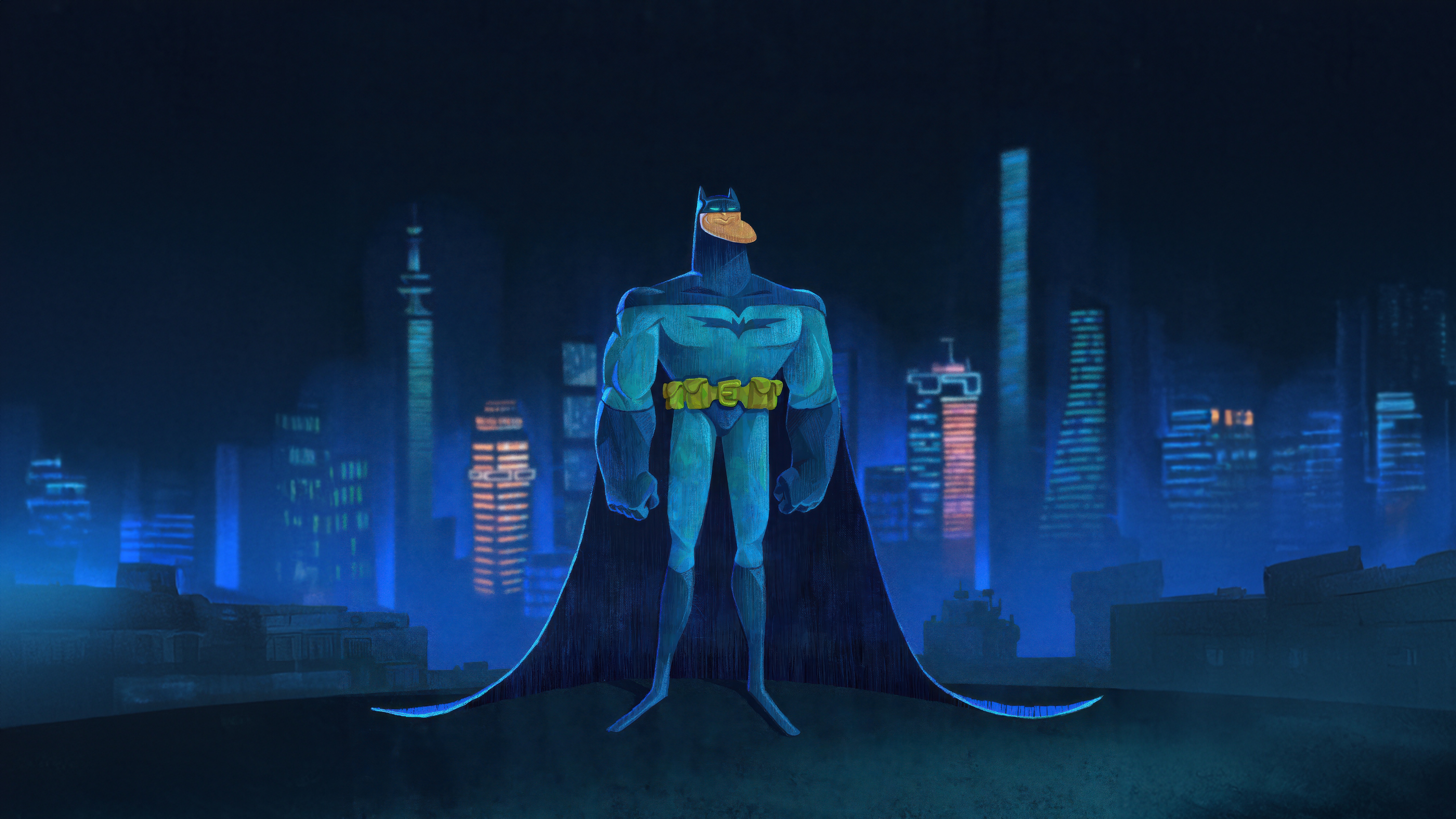 Batman stands in a city at night HD Wallpaper
