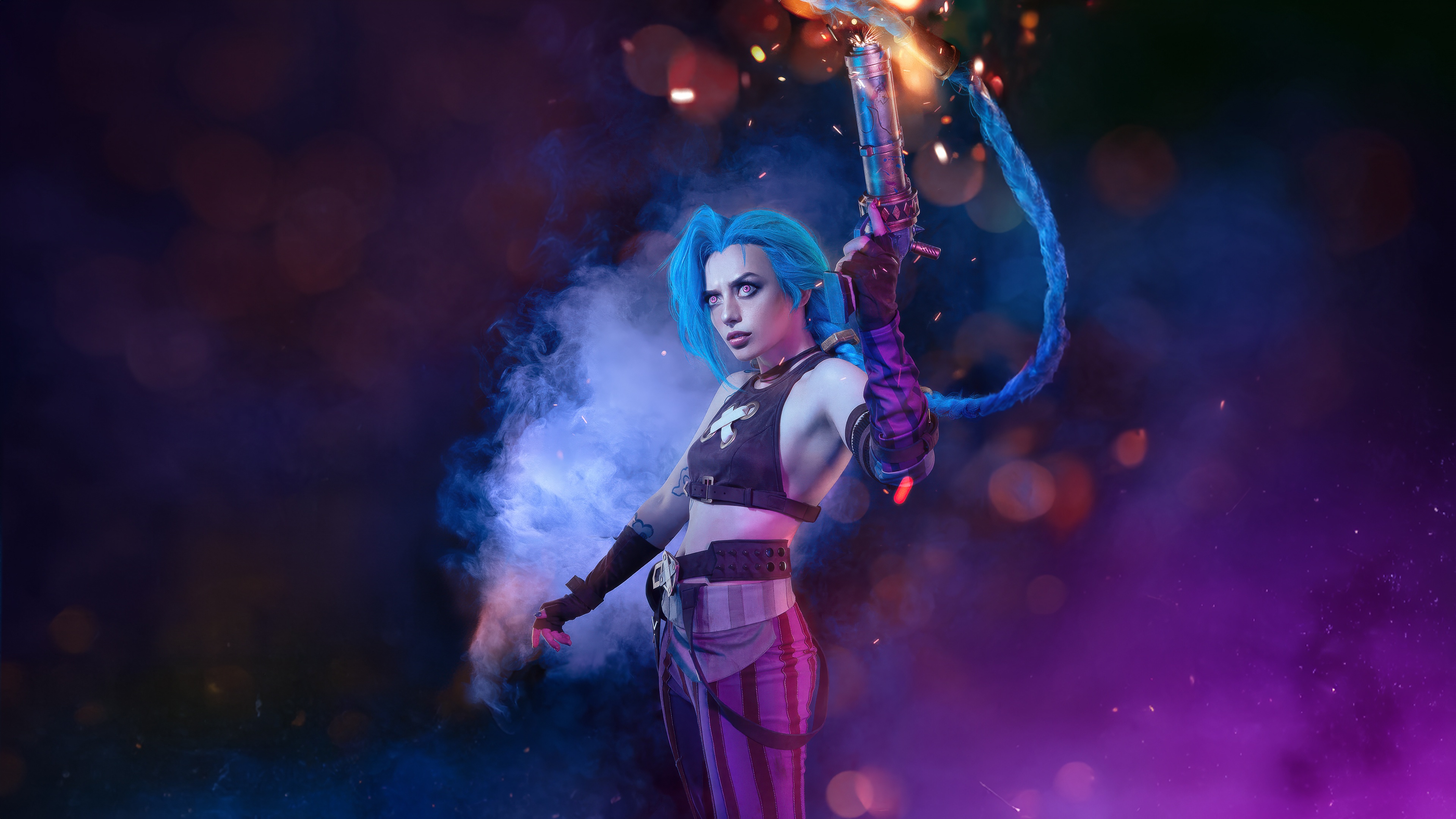 Jinx Cosplayer Holding a Gun with Smoke HD Wallpaper