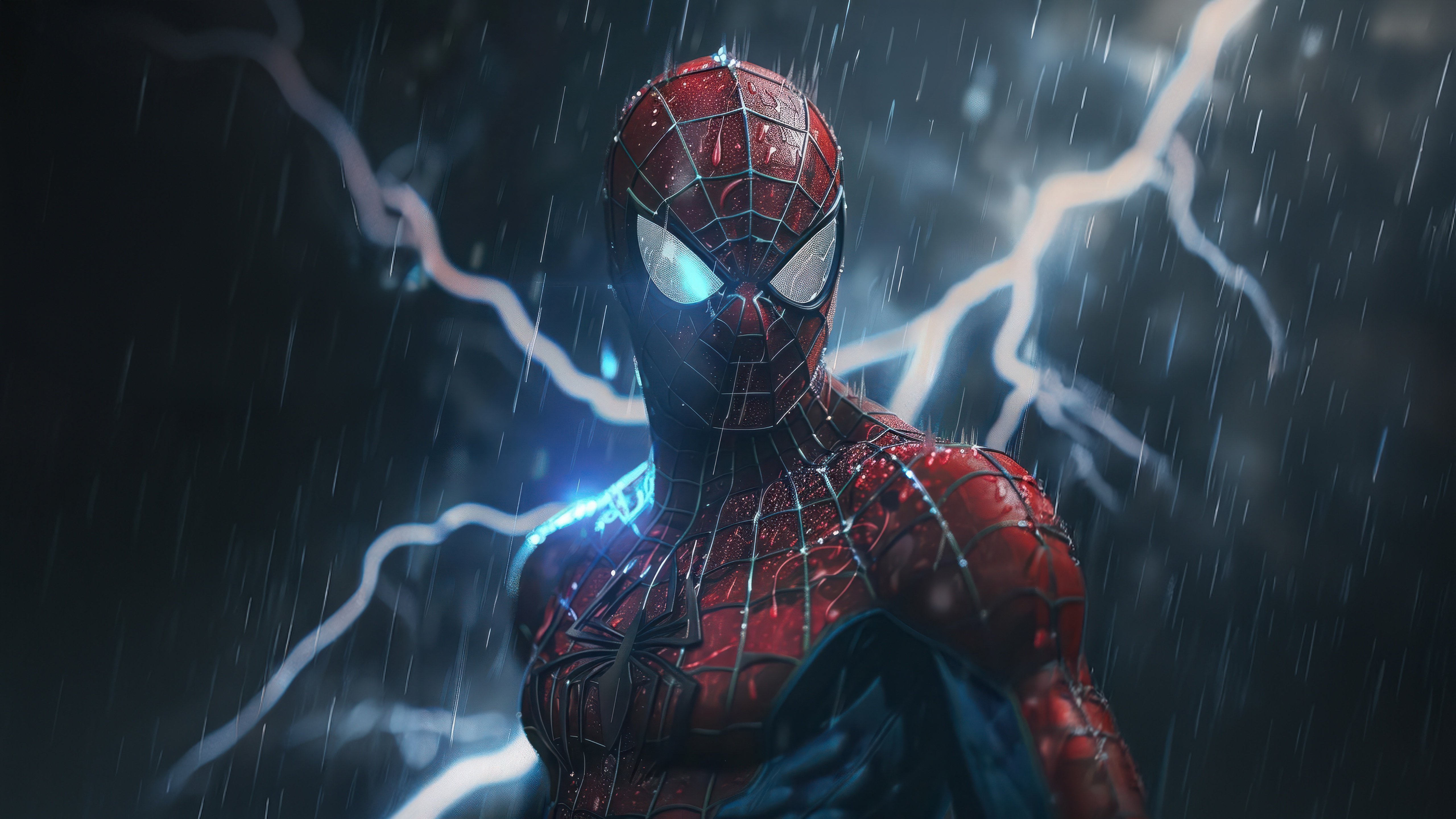 Spider-Man in the Rain with Lightning HD Wallpaper